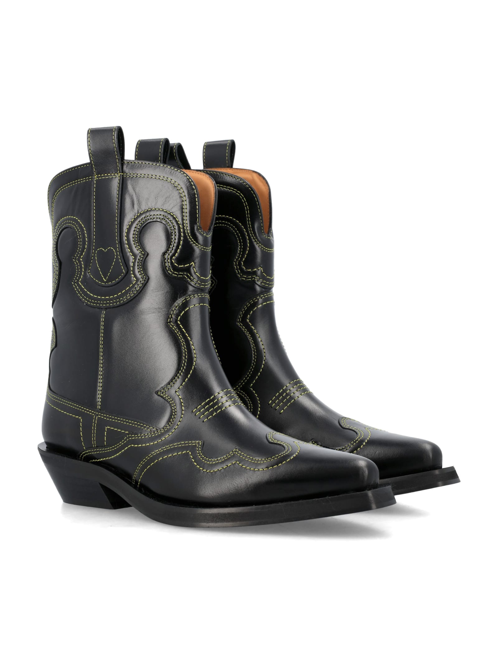Shop Ganni Embroidered Low Western Boots In Black Yellow