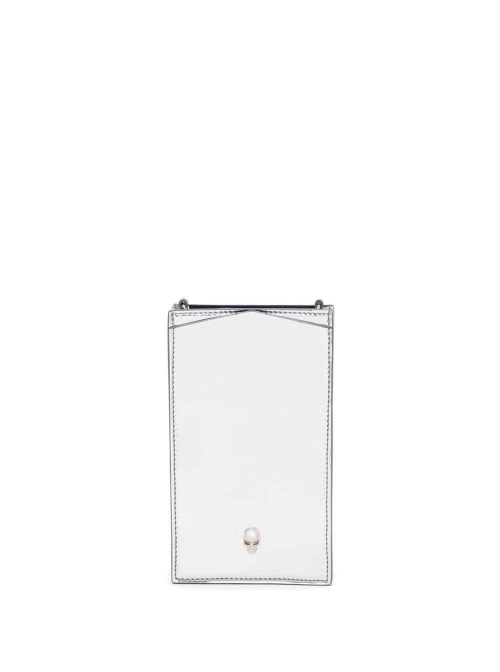 ALEXANDER MCQUEEN SILVER-COLORED PHOCE CASE WITH CHAIN AND SKULL DETAIL IN LAMINATED FAUX LEATHER WOMAN
