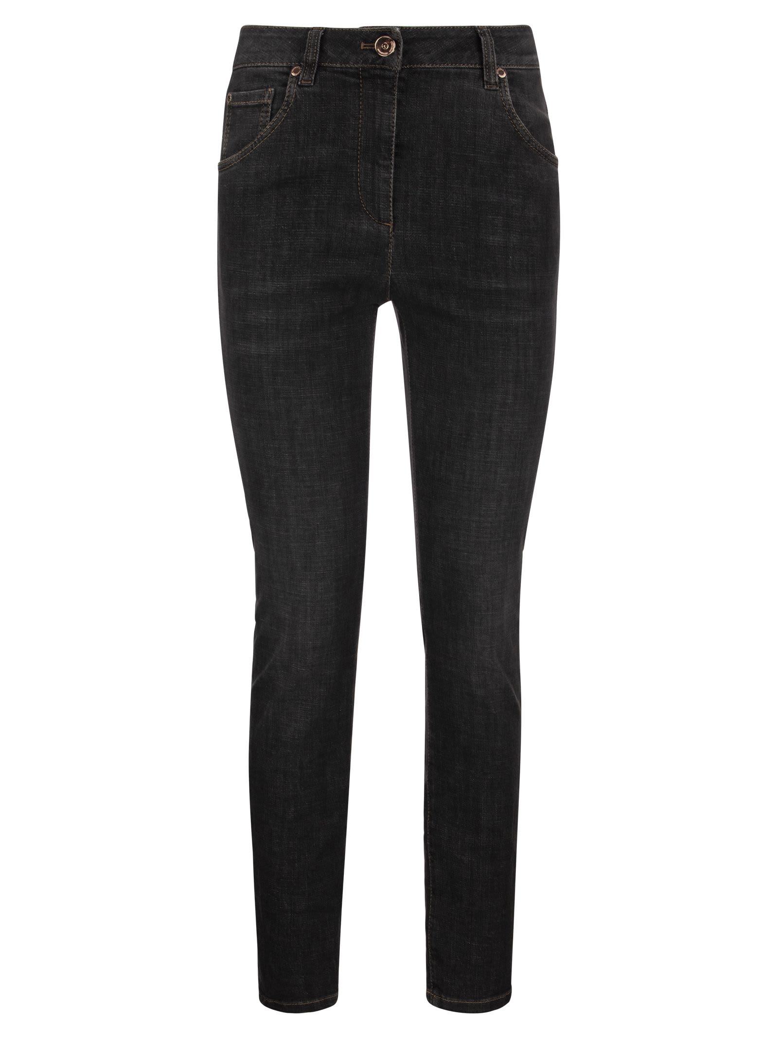 Brunello Cucinelli Slim Trousers In Stretch Denim With shiny Leather Tab