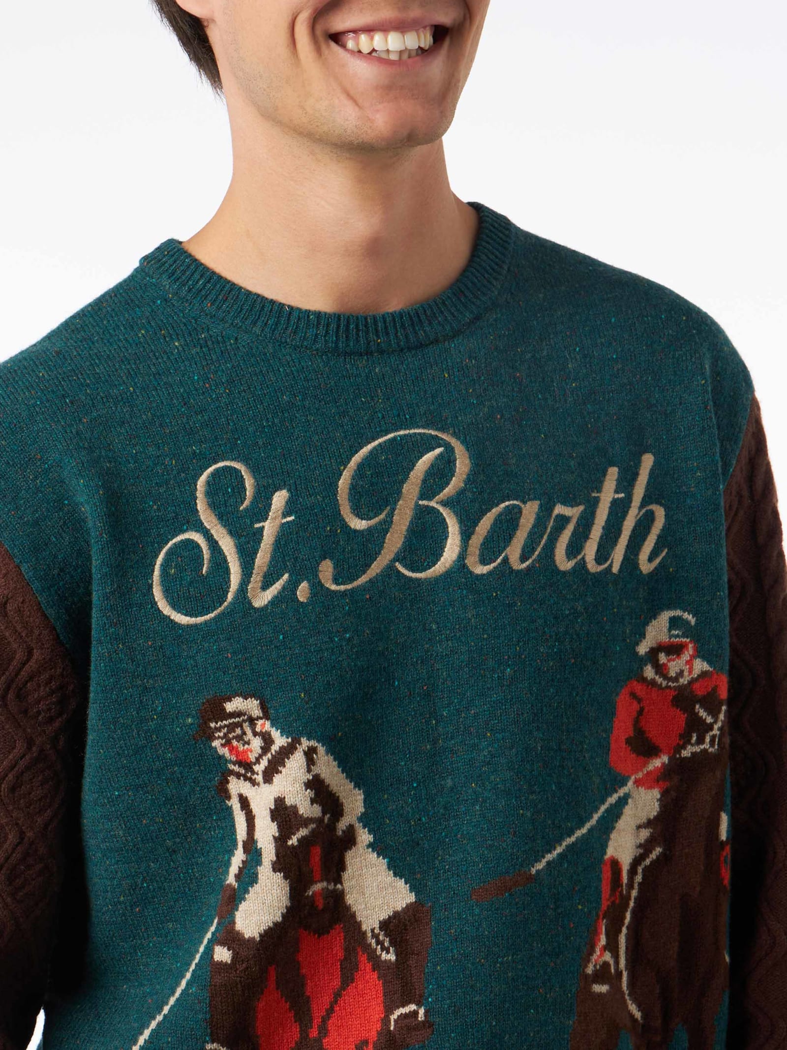 Mc2 Saint Barth Man Crewneck Donegal Sweater With Polo Jacquard Print In Green