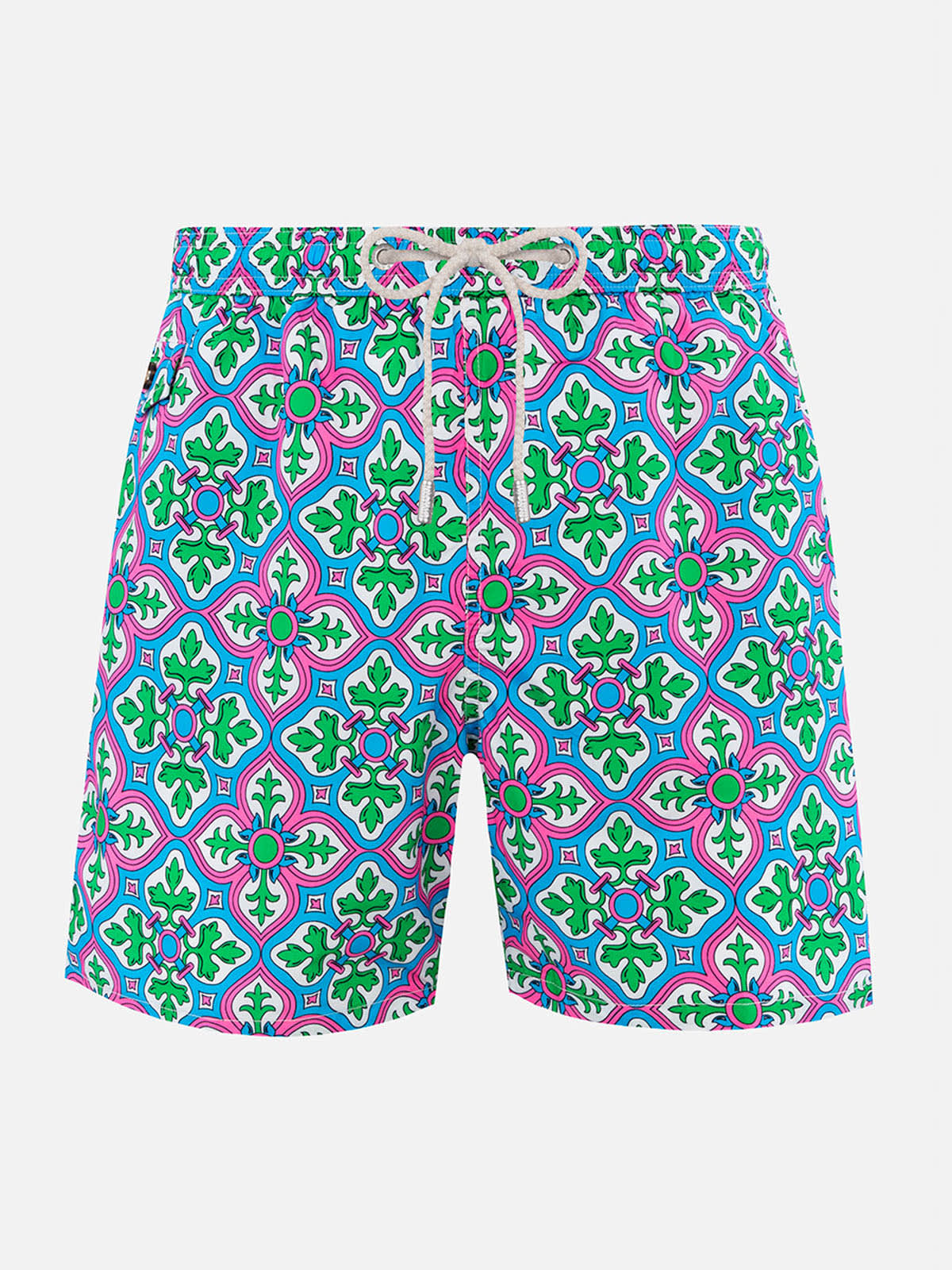 Mc2 Saint Barth Man Lightweight Fabric Swim-shorts Lighting 70 With Majolica Print In White