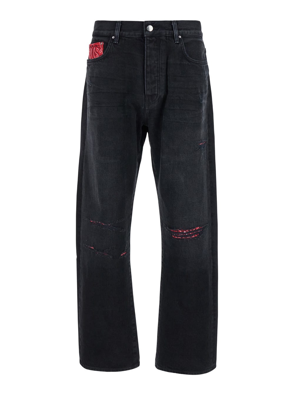 Shop Amiri Black Jeans With Rips And Bandana Detail In Denim Man