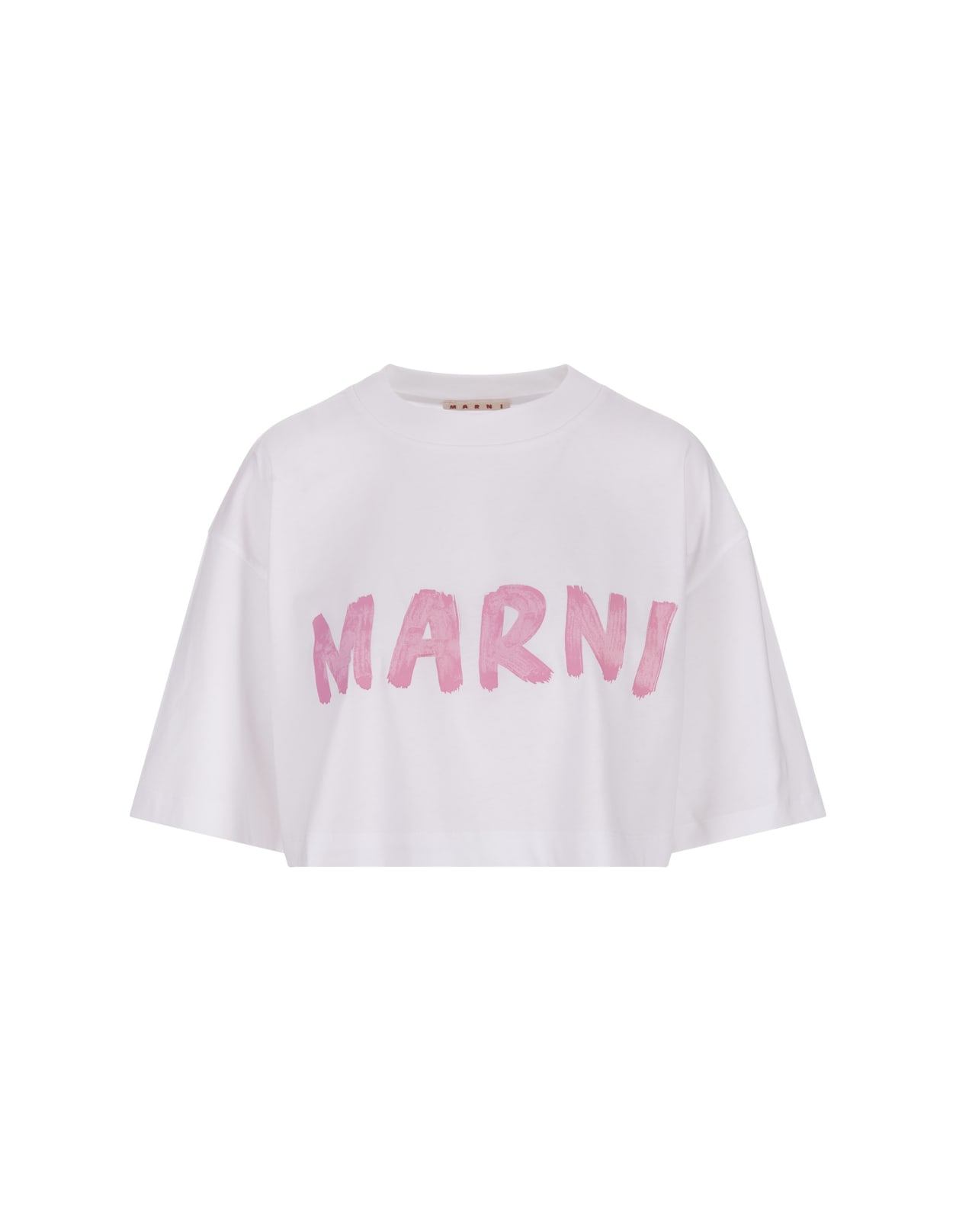 Shop Marni White Crop T-shirt With Pink Brushed Logo