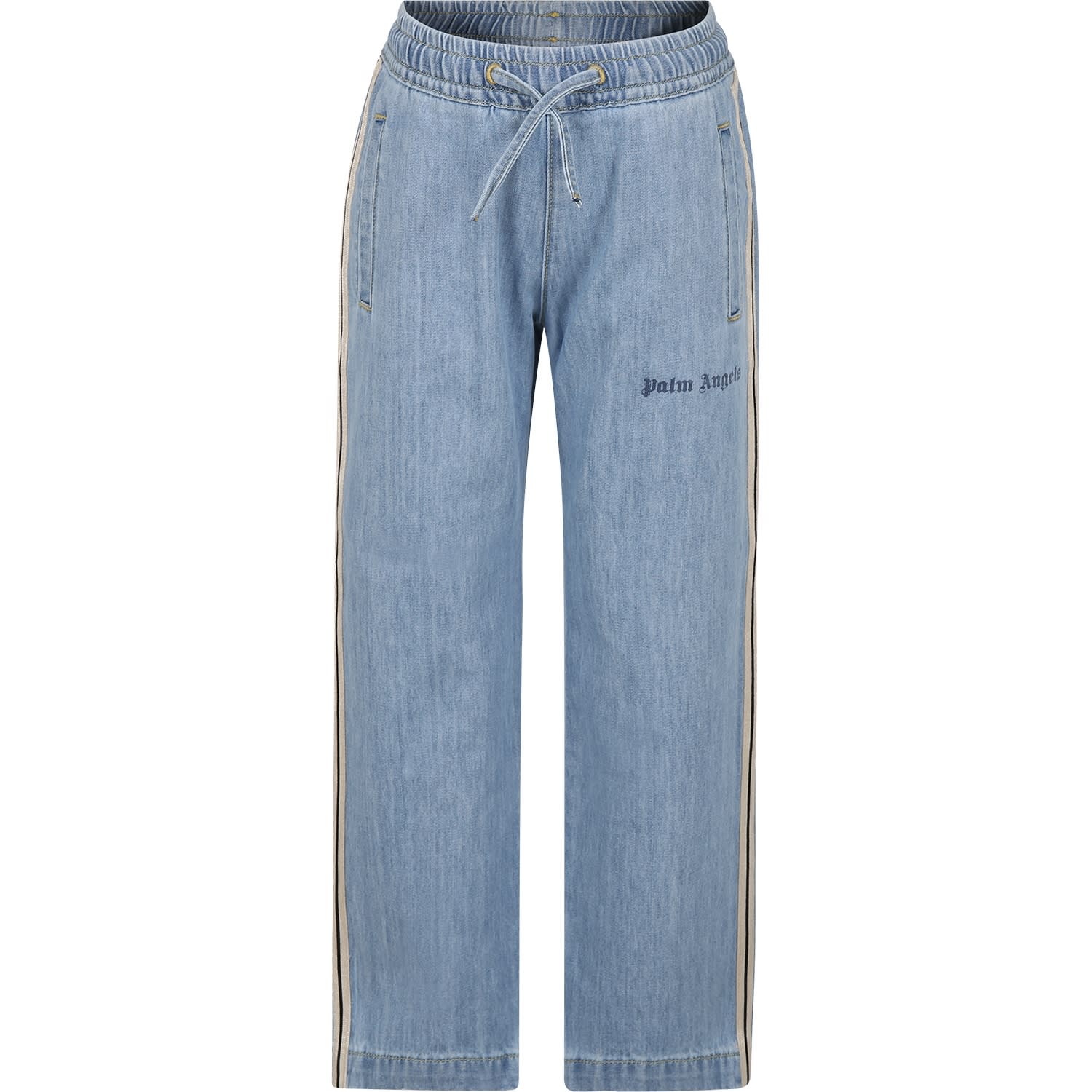 Palm Angels Kids' Jeans For Boy With Bands And Logo In Blu Denim