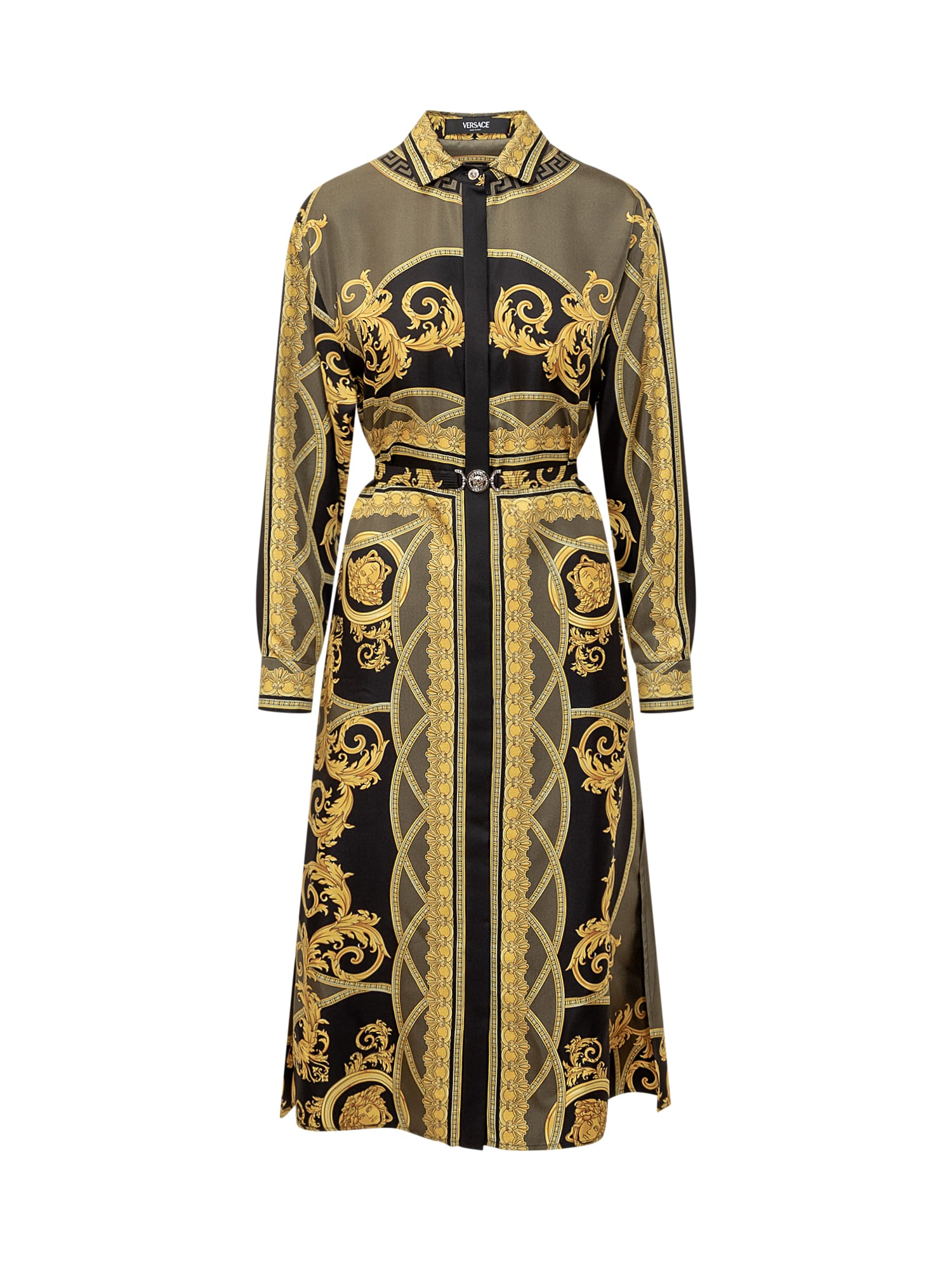 Shop Versace Barocco-printed Long-sleeved Midi Dress In Black-dark Olive-gold