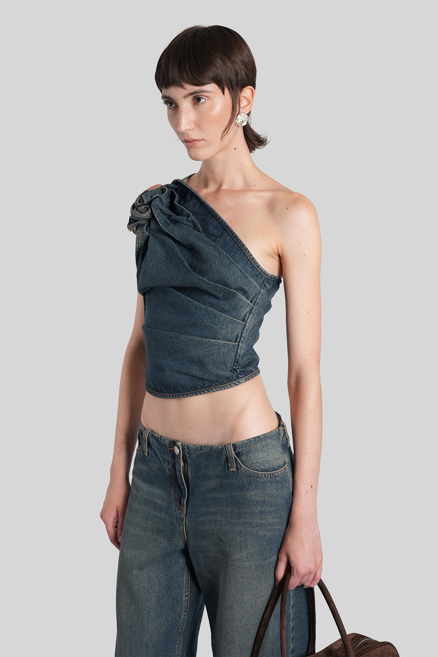 Magda Butrym Asymmetric Denim Floral One-shoulder Ruched Top In Blue