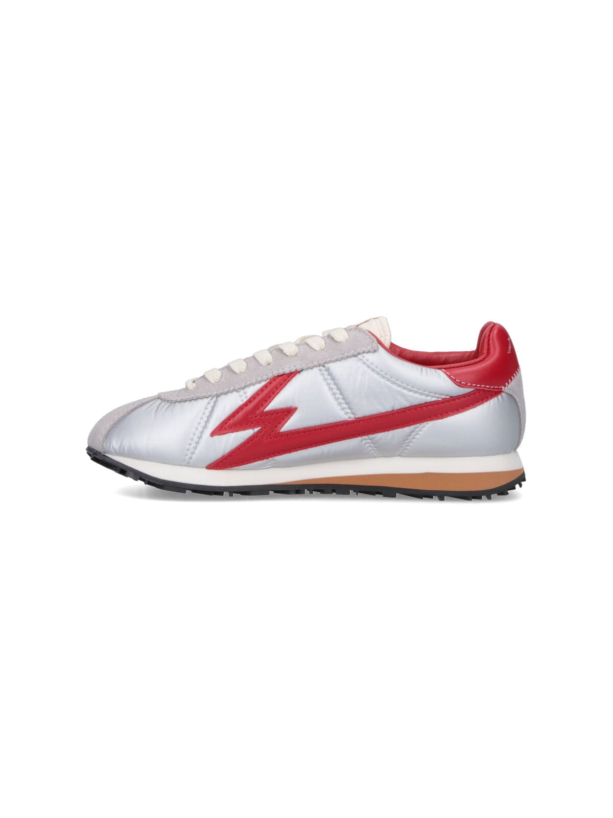 Moa Master Of Arts Shiny Silver Sneakers With Bold Red Lightning Detailing In Silver