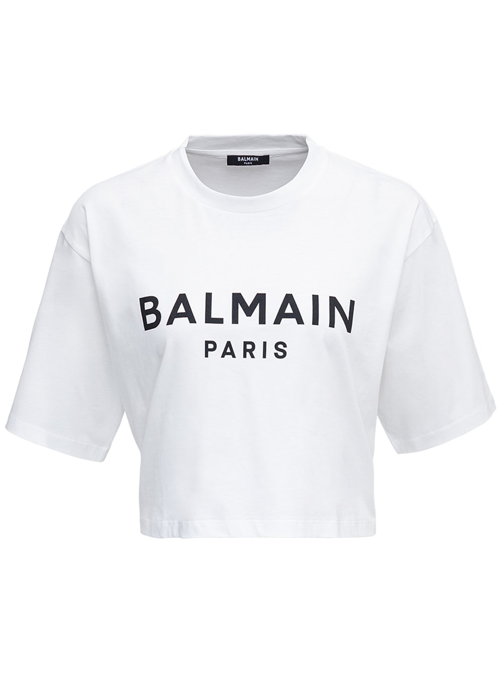 Balmain White Crop T-shirt In Jersey With Contrasting Logo Print On Front