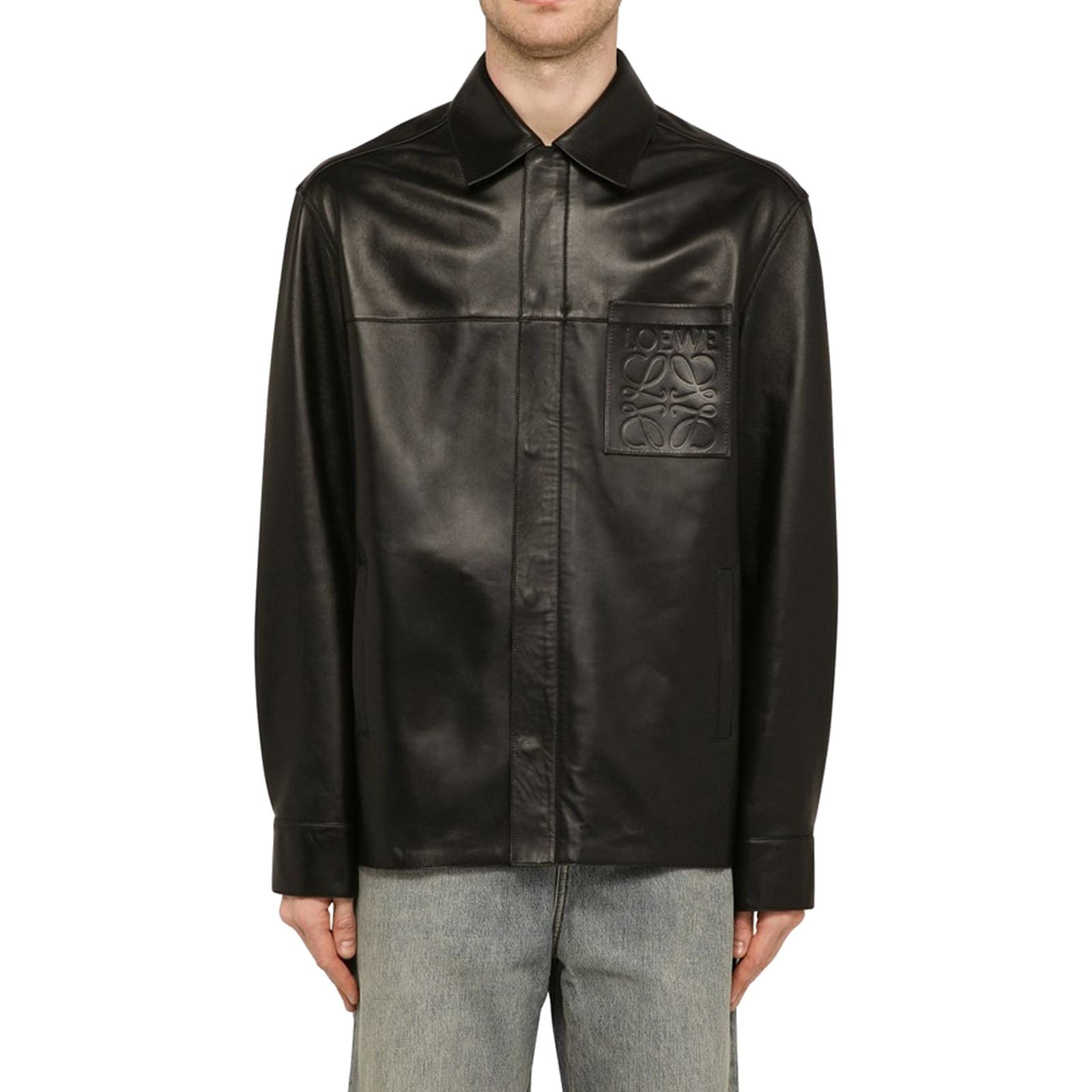 Shop Loewe Overshirt Leather Jacket In Black