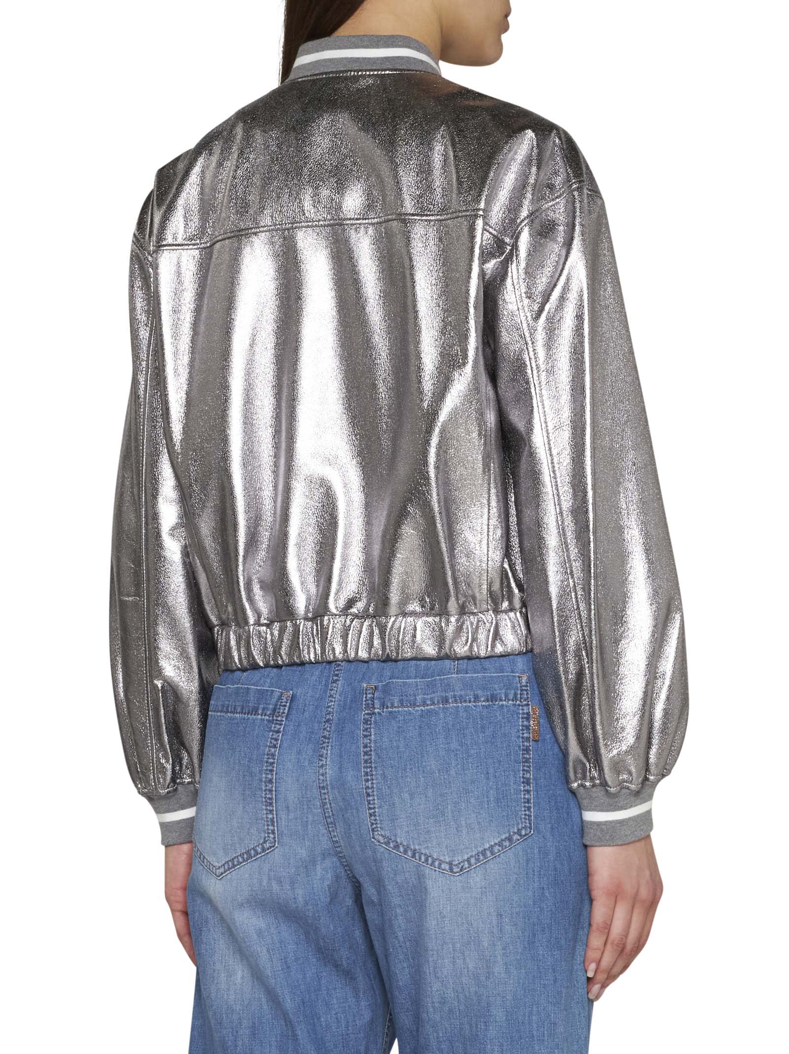 Brunello Cucinelli Laminated Leather Bomber Jacket Puffer Jackets Silver In Metallic
