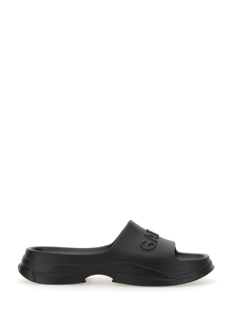 Ganni Slide Sandal With Logo In Black