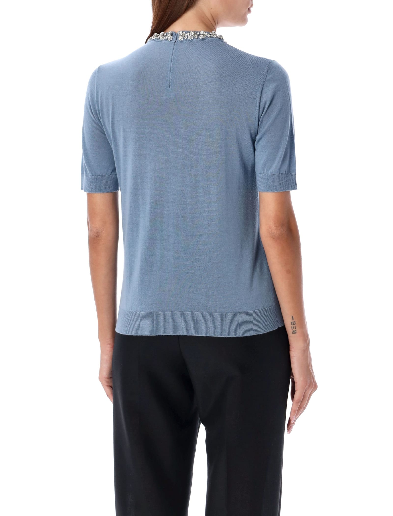 Shop Valentino Crystal Round Neck Knit In Light Blue