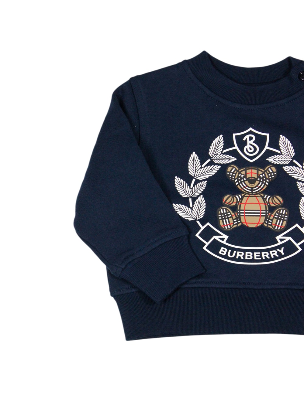 Shop Burberry Crewneck Sweatshirt With Buttons On The Neck In Cotton Jersey With Classic Check Teddy Bear Print On In Blu