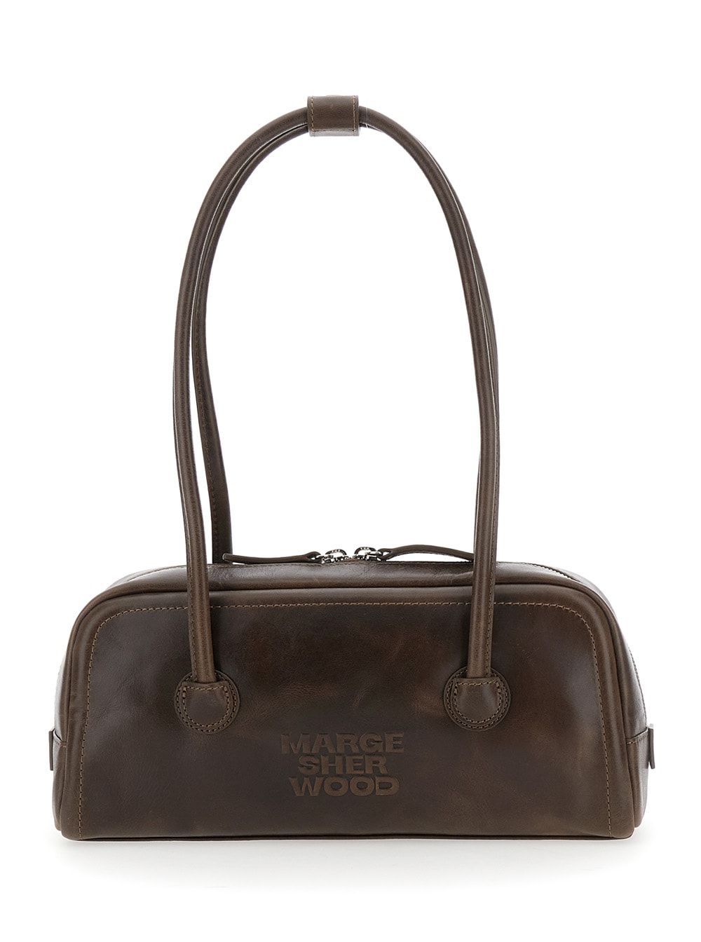 boston Brown Shoulder Bag With Embossed Logo Lettering On The Front In Leather Woman