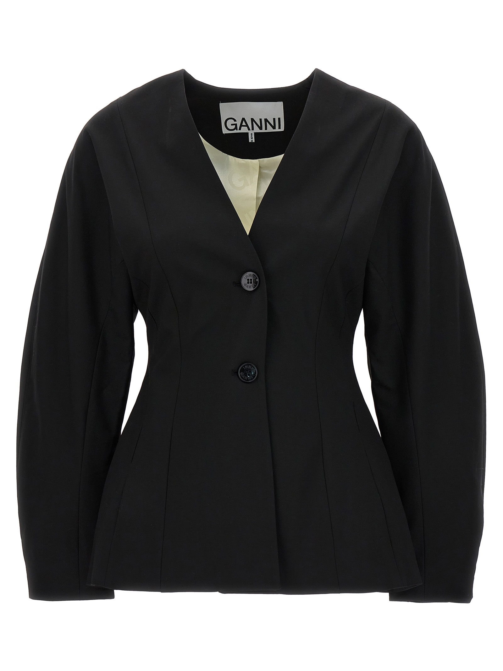 Ganni Black Fitted Drapey Melange Blazer In Nero