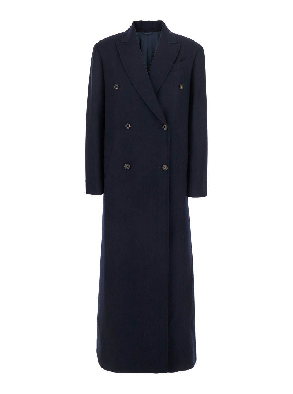 Blue Double-breasted Long Coat With Peak Revers In Wool Blend Woman