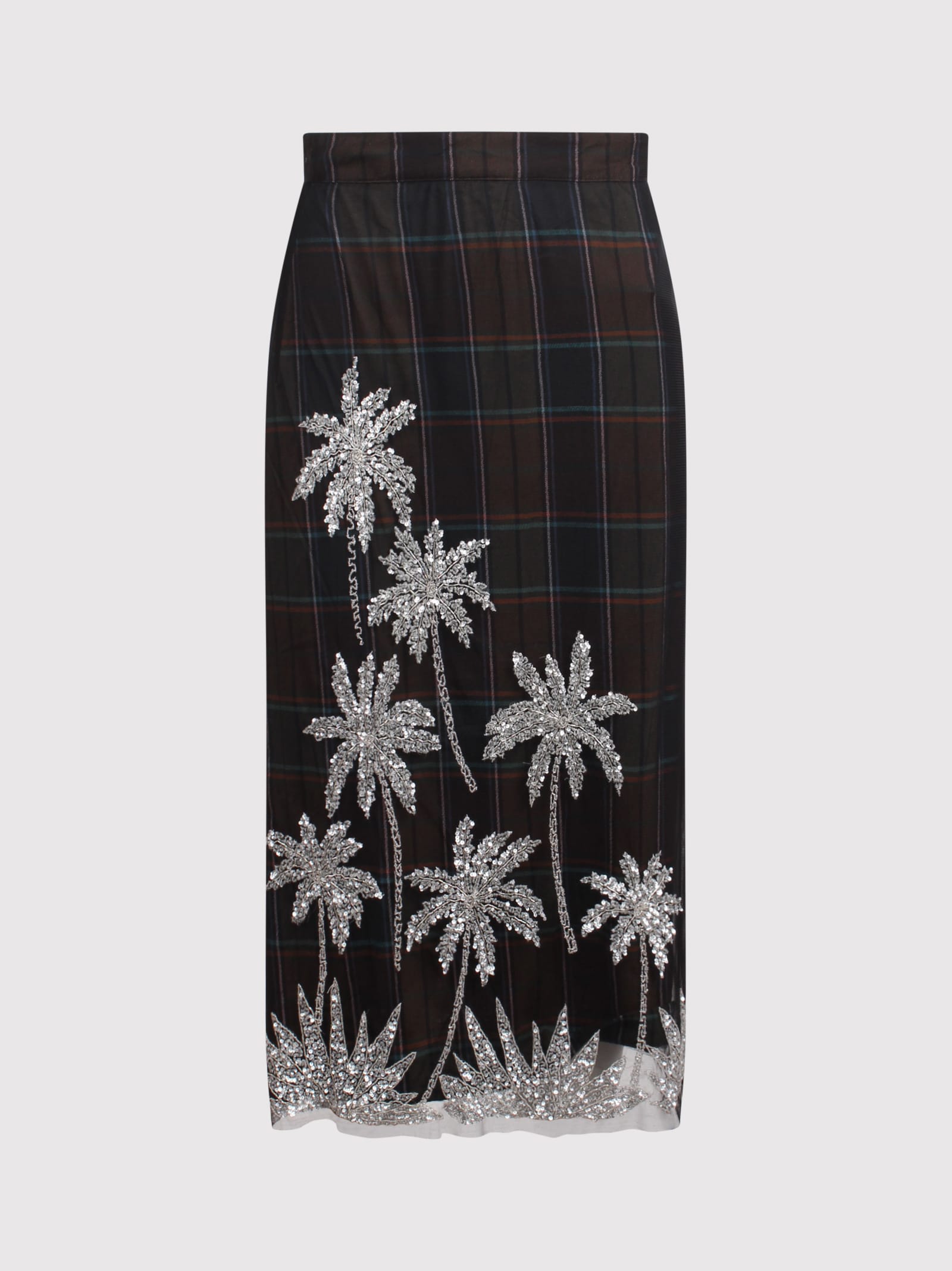 Dark Khaki And Navy Blue Checked Net Midi Skirt With Embroidery