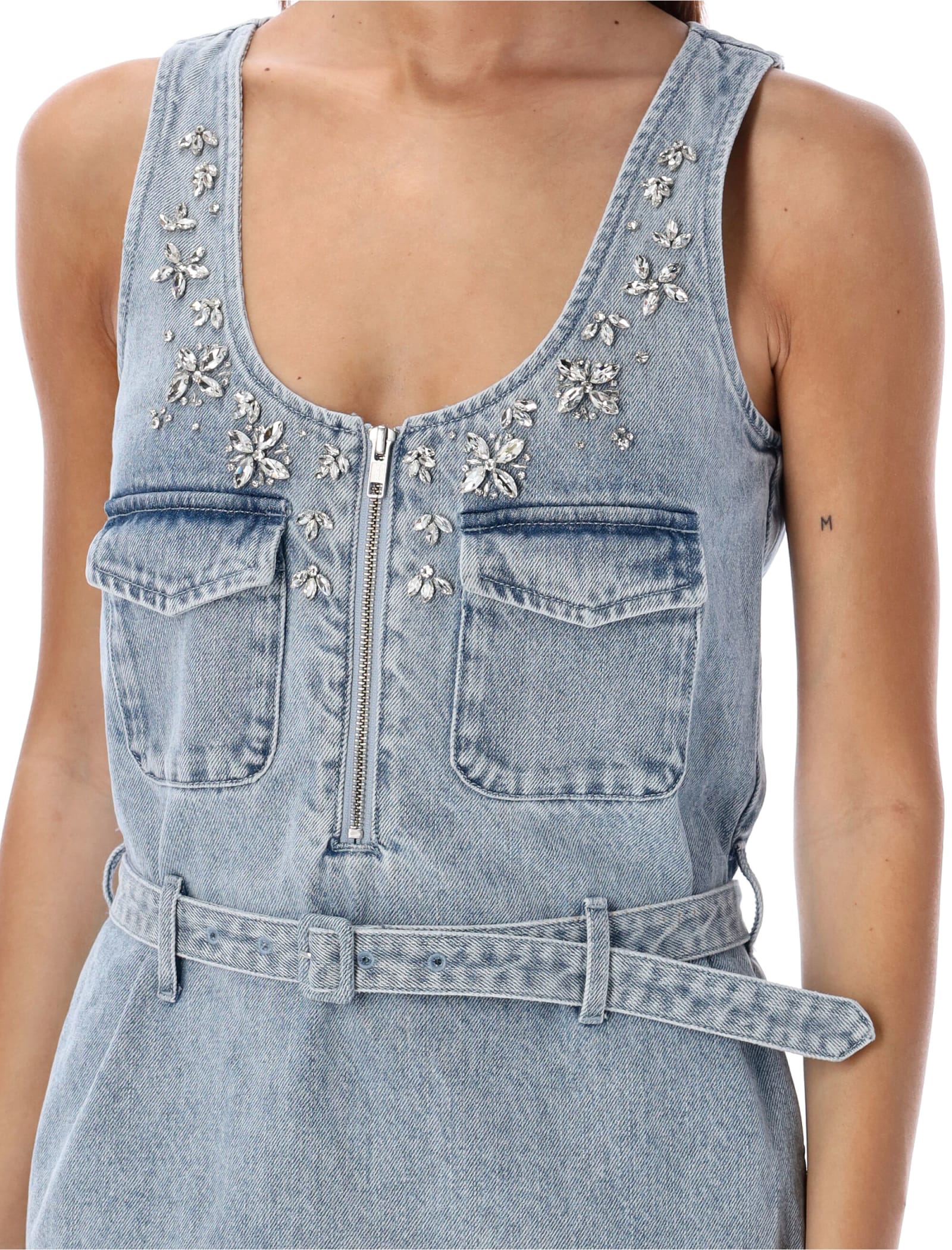 Shop Self-portrait Tank Denim Mini Dress Embellished In Light Blue