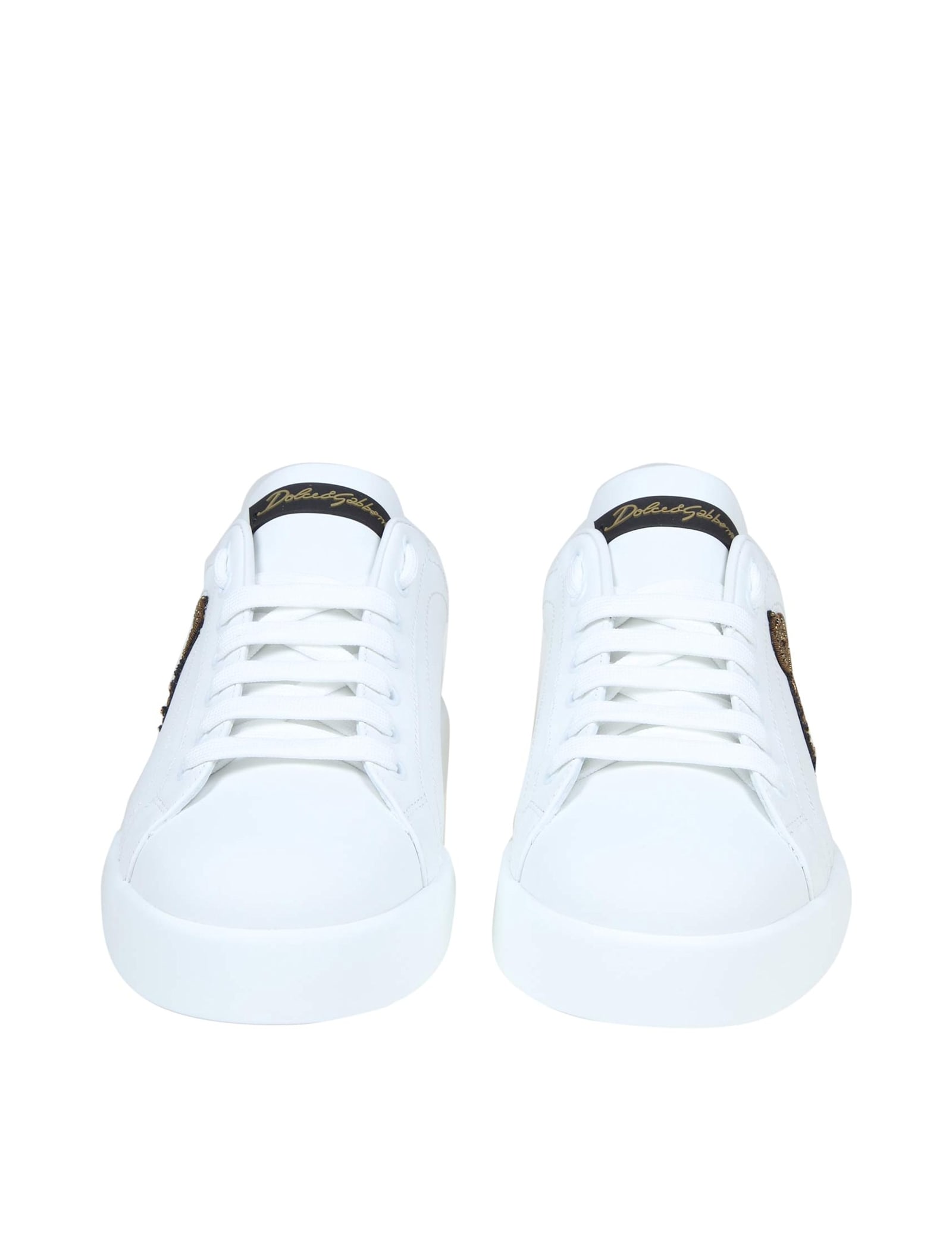 Shop Dolce & Gabbana Portofino Sneakers In Leather With Side Crown Logo In White / Gold