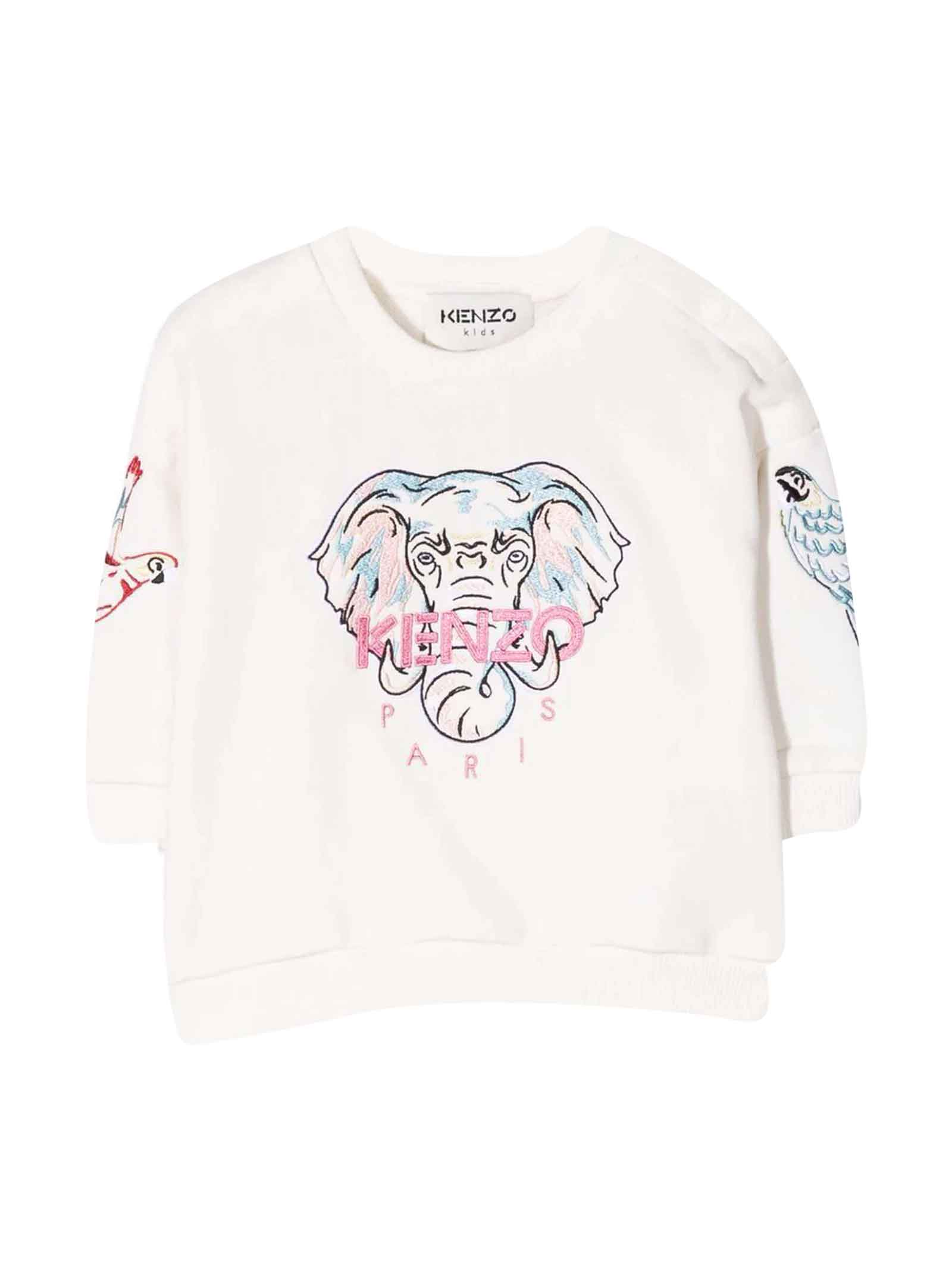 Kenzo Kids White Newborn Sweatshirt With Elephant Print, Front Logo Embroidery, Round Neck, Long Sleeves By.