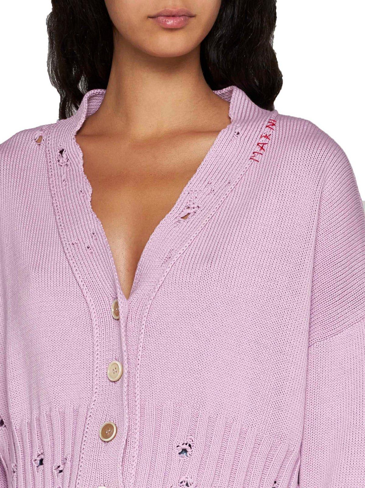 Shop Marni Distressed Cropped Knitted Cardigan In Pink