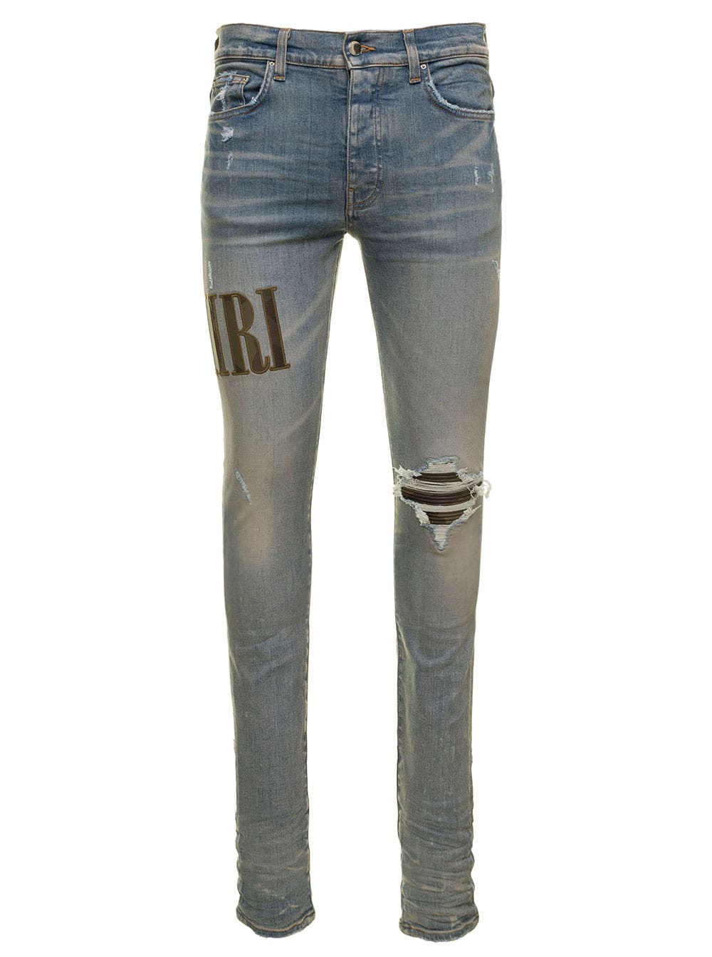 Light Blue Ripped Skinny Jeans With Embroidery In Cotton Man Amiri
