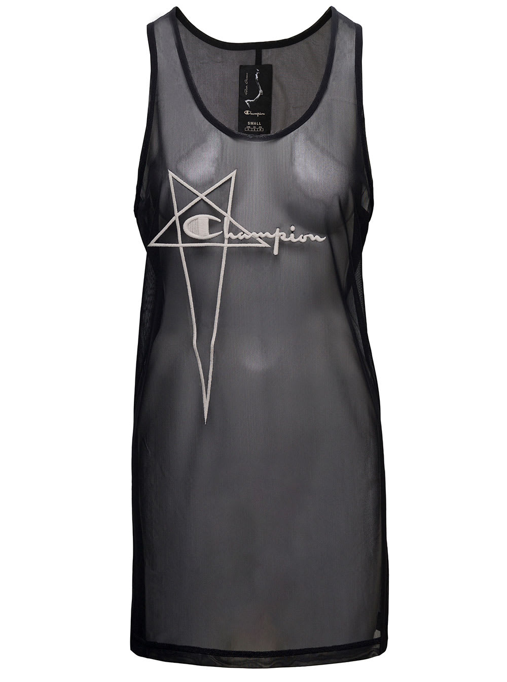 RICK OWENS BASKETBALL MINI BLACK DRESS WITH PENTAGRAM EMBROIDERY AT THE FRONT IN MICROMESH WOMAN