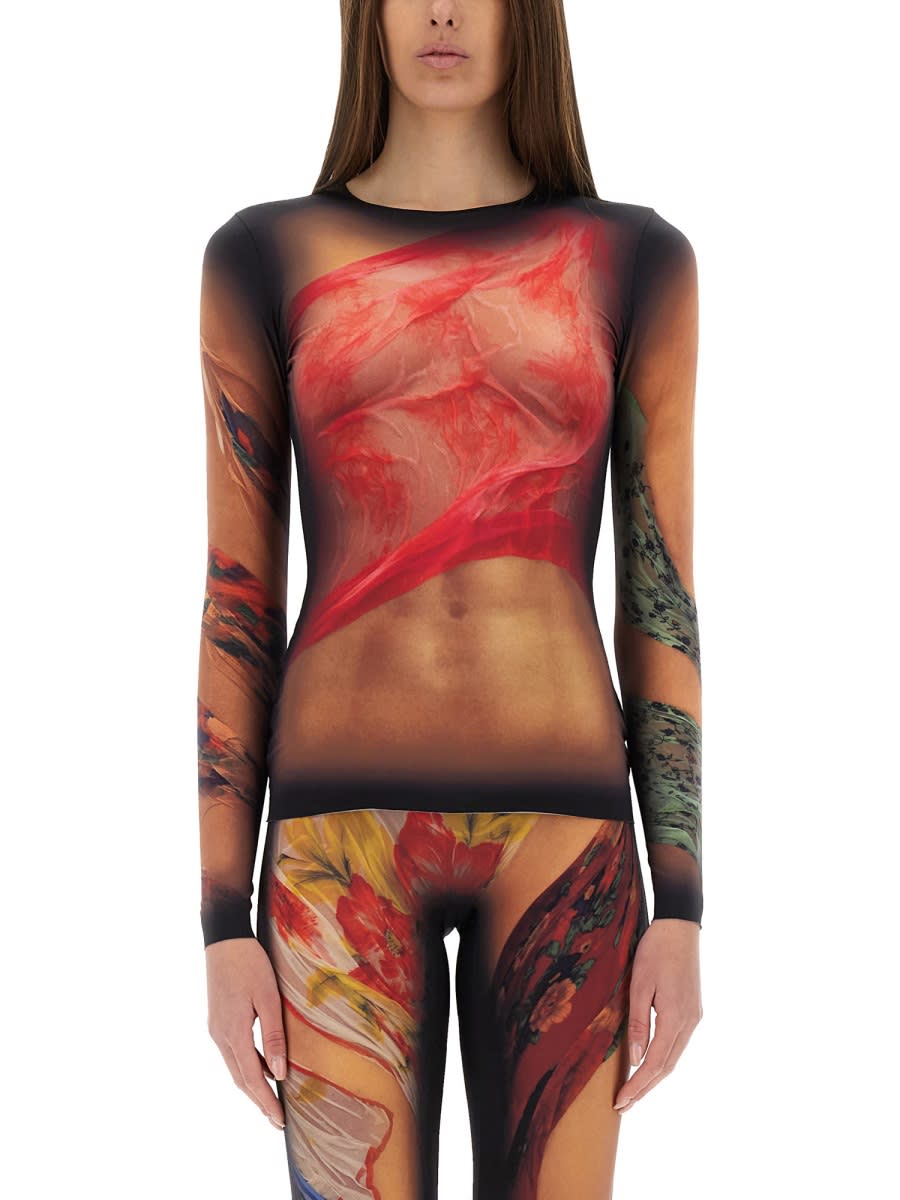 Marine Serre Multicolor Top With Draped Details And All-over Graphic Print In Tech Fabric Woman