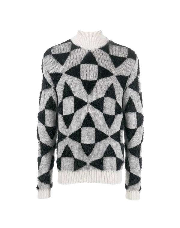 John Richmond Half High-neck Sweater With Front Print. In Bianco/nero