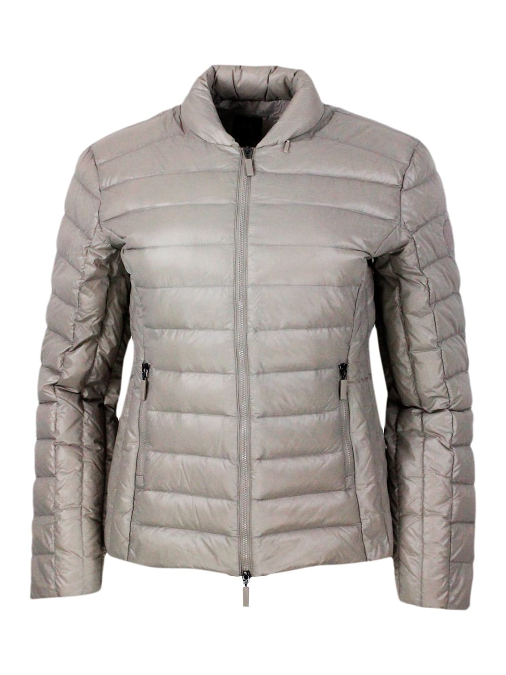 Armani Collezioni Lightweight 100 Gram Slim Down Jacket With Integrated Concealed Hood And Zip Closure In Beige