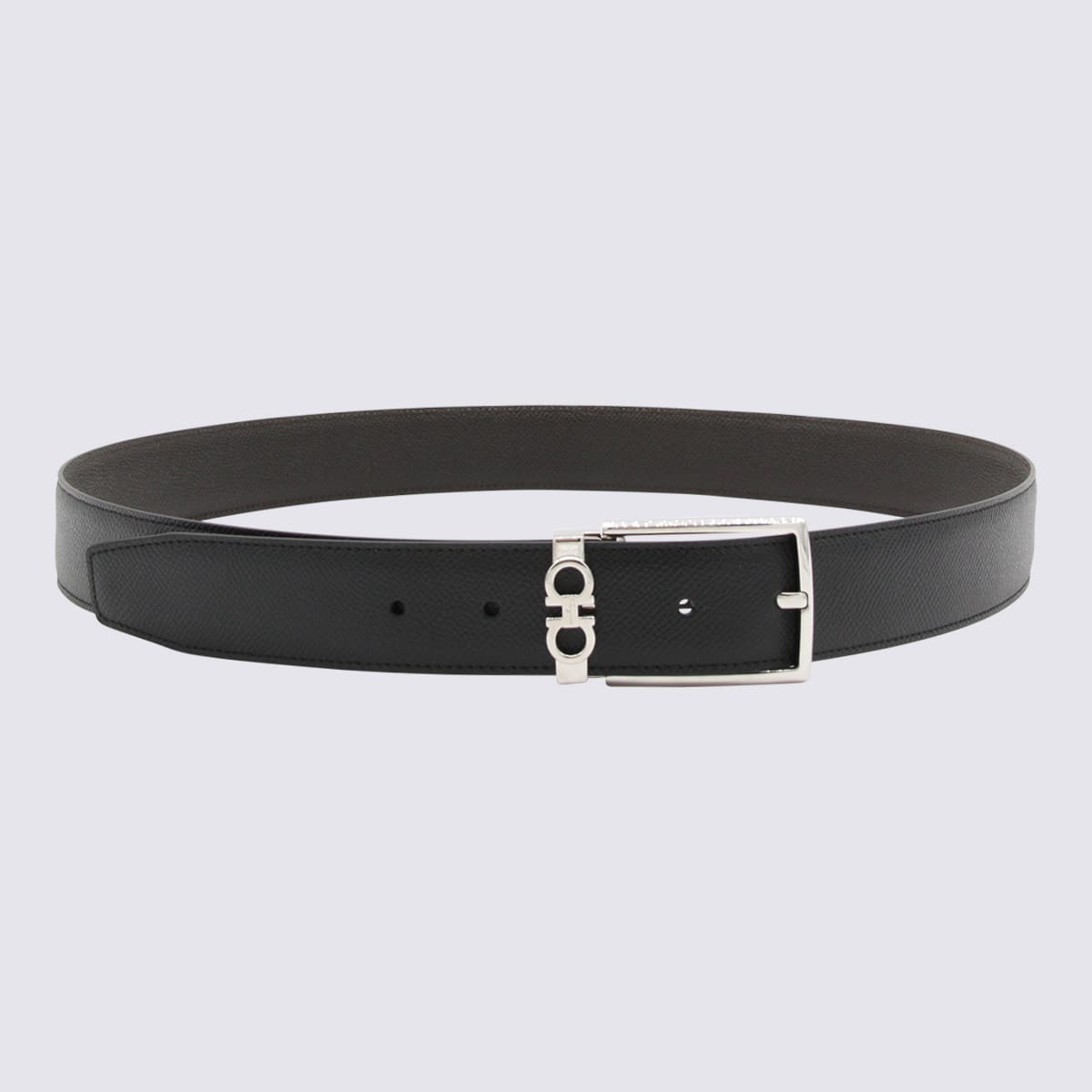 Ferragamo Black And Silver Leather Belt