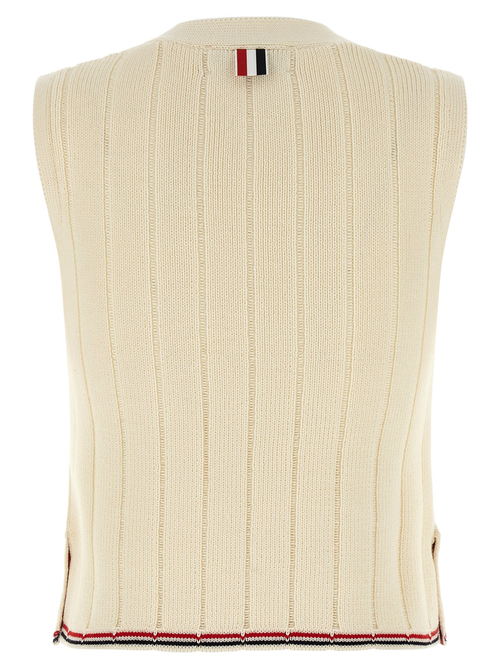 Thom Browne Sleeveless V-neck Ribbed Striped Vest In Neutral