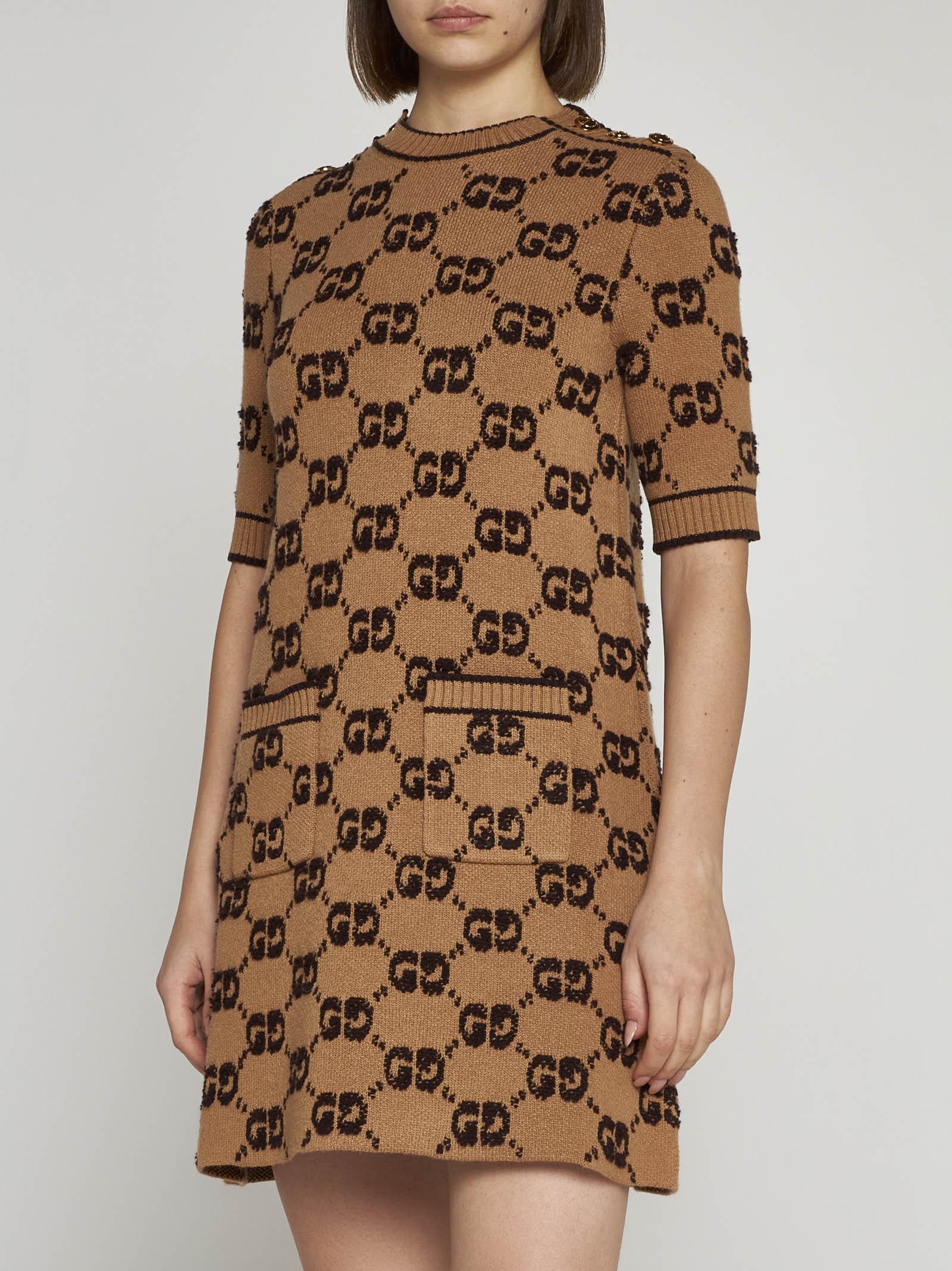 Shop Gucci Gg Wool Knit Mini Dress In Camel