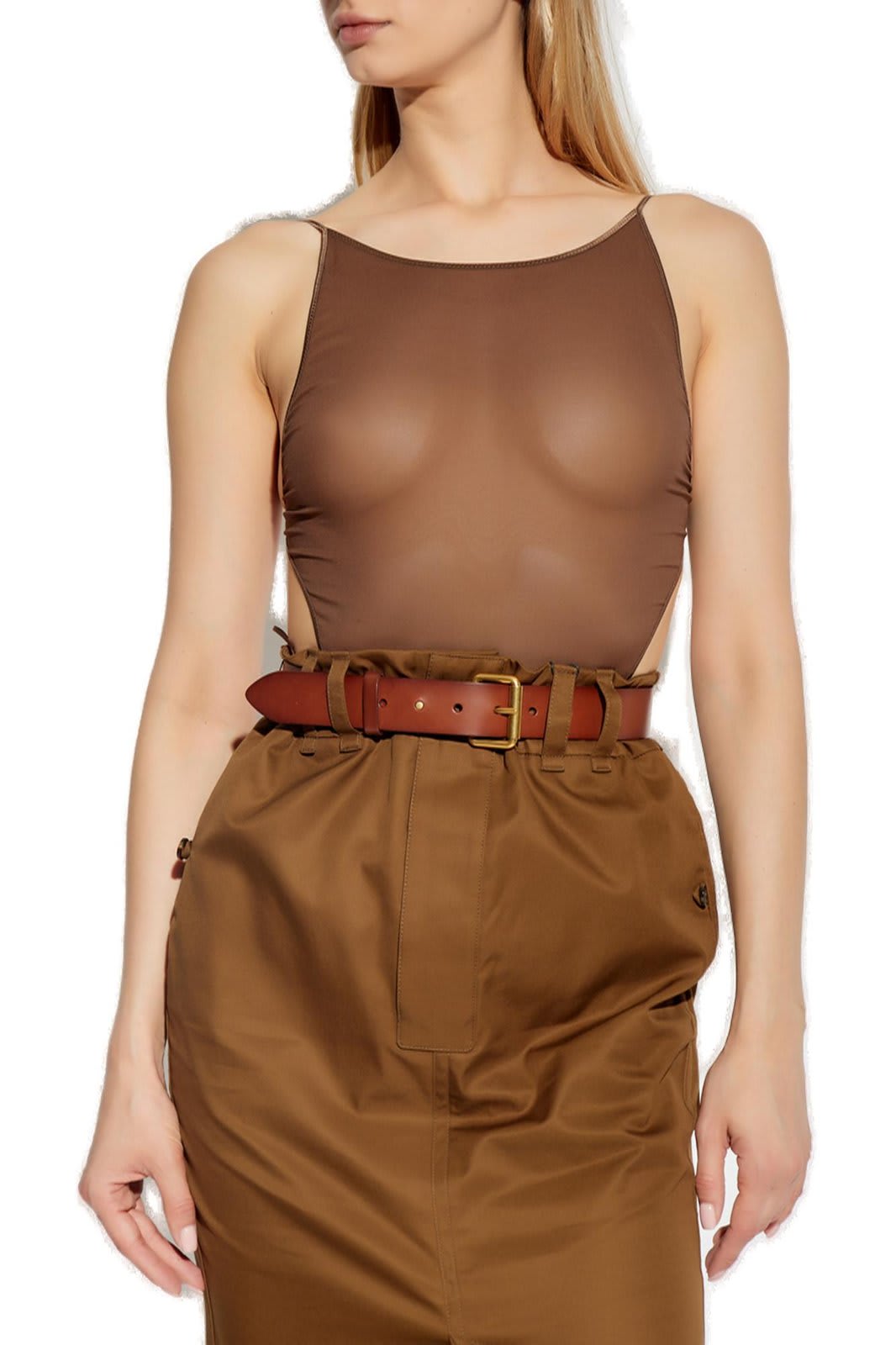 Shop Saint Laurent Backless Semi-sheer Bodysuit In Brown