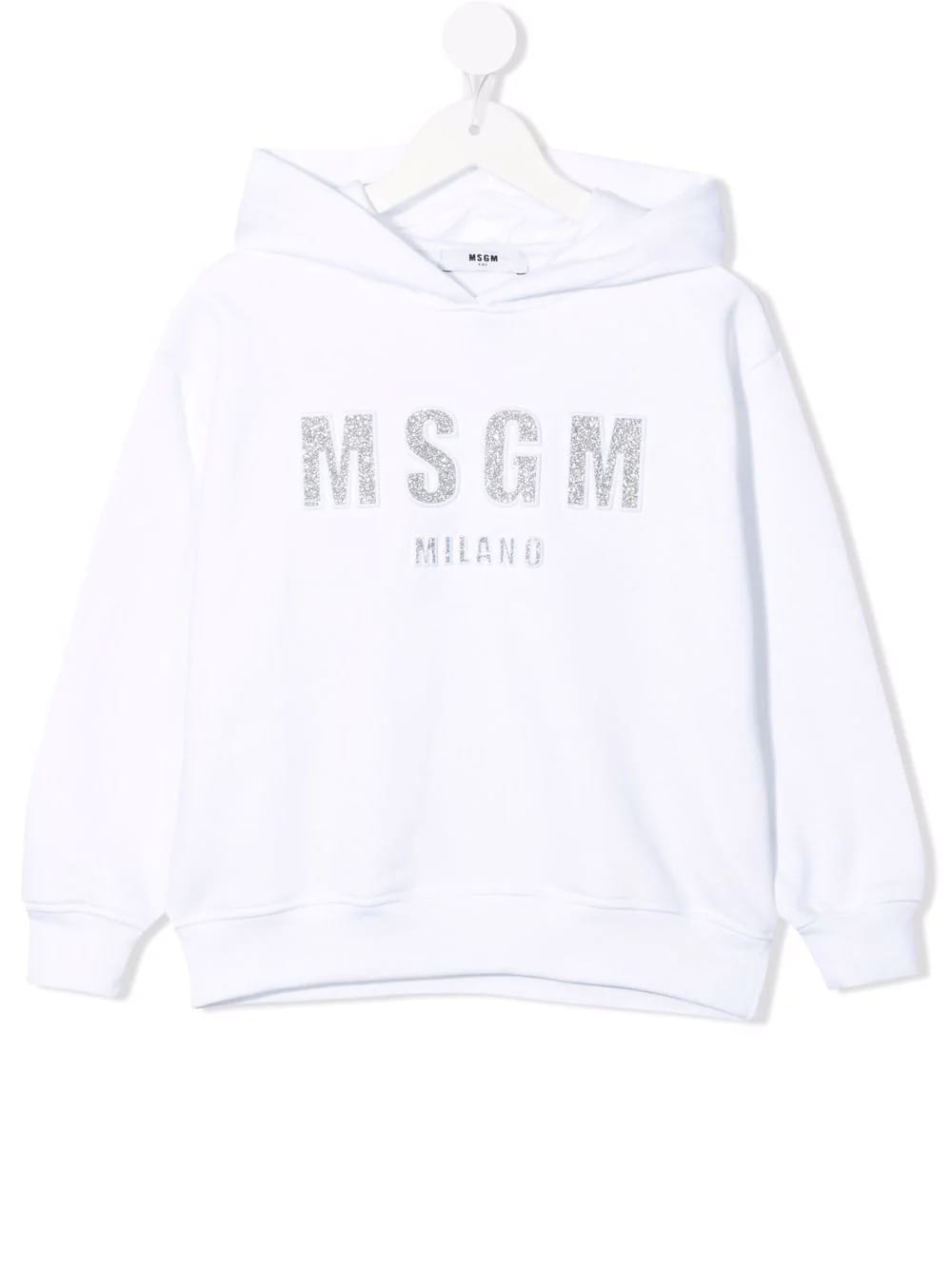 MSGM Kids White Hoodie With Silver Glitter Logo