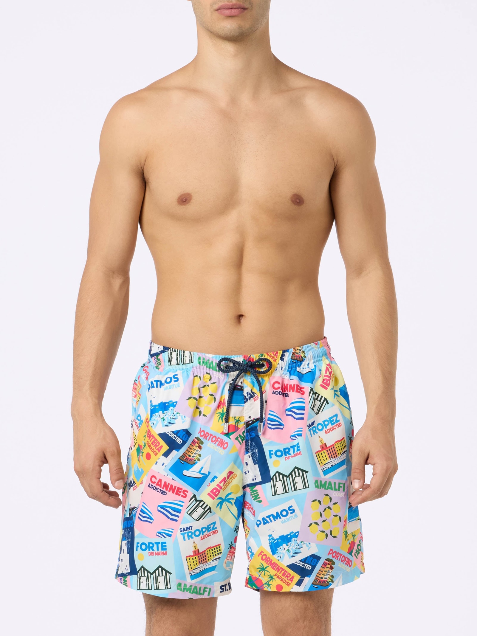 Mc2 Saint Barth Man Lightweight Fabric Swim-shorts Lighting With Postcard Print In Blue