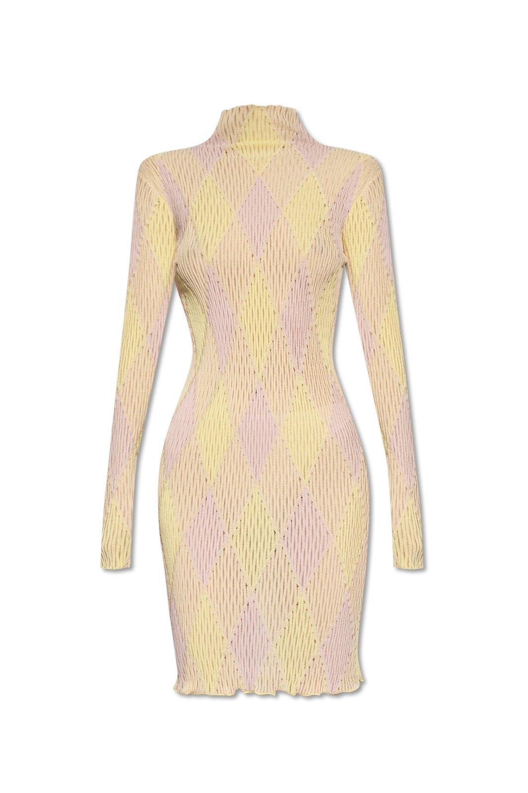 Shop Burberry Argyle Ribbed-knit Long Sleeved Dress In Pink/neutrals