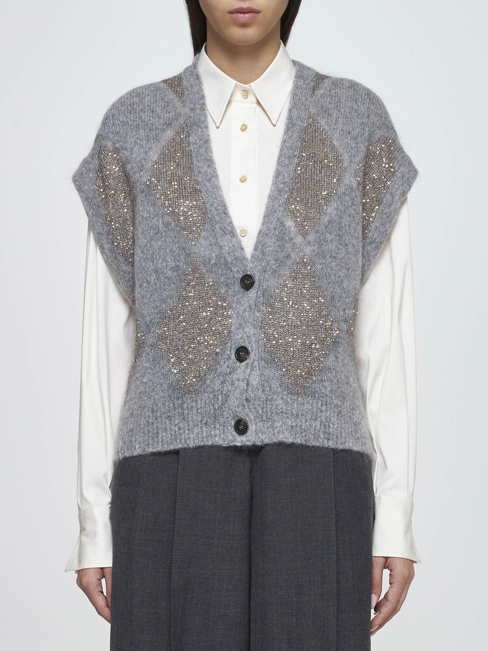 Shop Brunello Cucinelli Argyle-motif Wool And Mohair Vest  In Grey