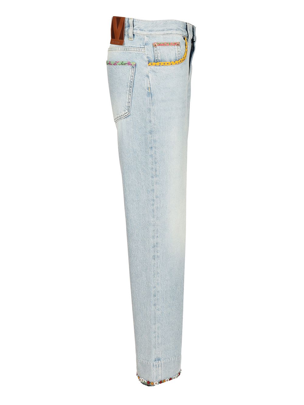 Valentino Denim Trousers With Embroidered Flower Trim In Blue