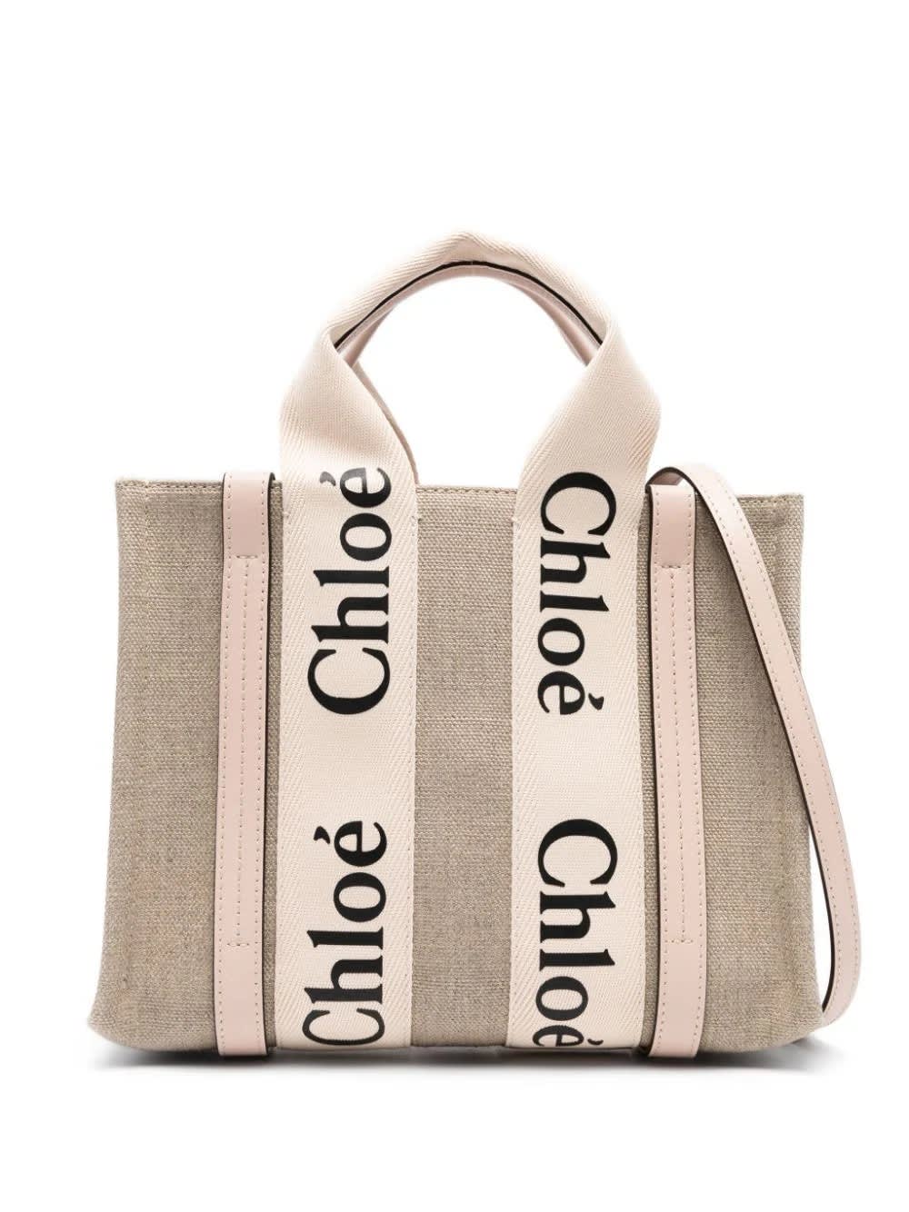 CHLOÉ WHITE AND PINK WOODY SMALL TOTE BAG