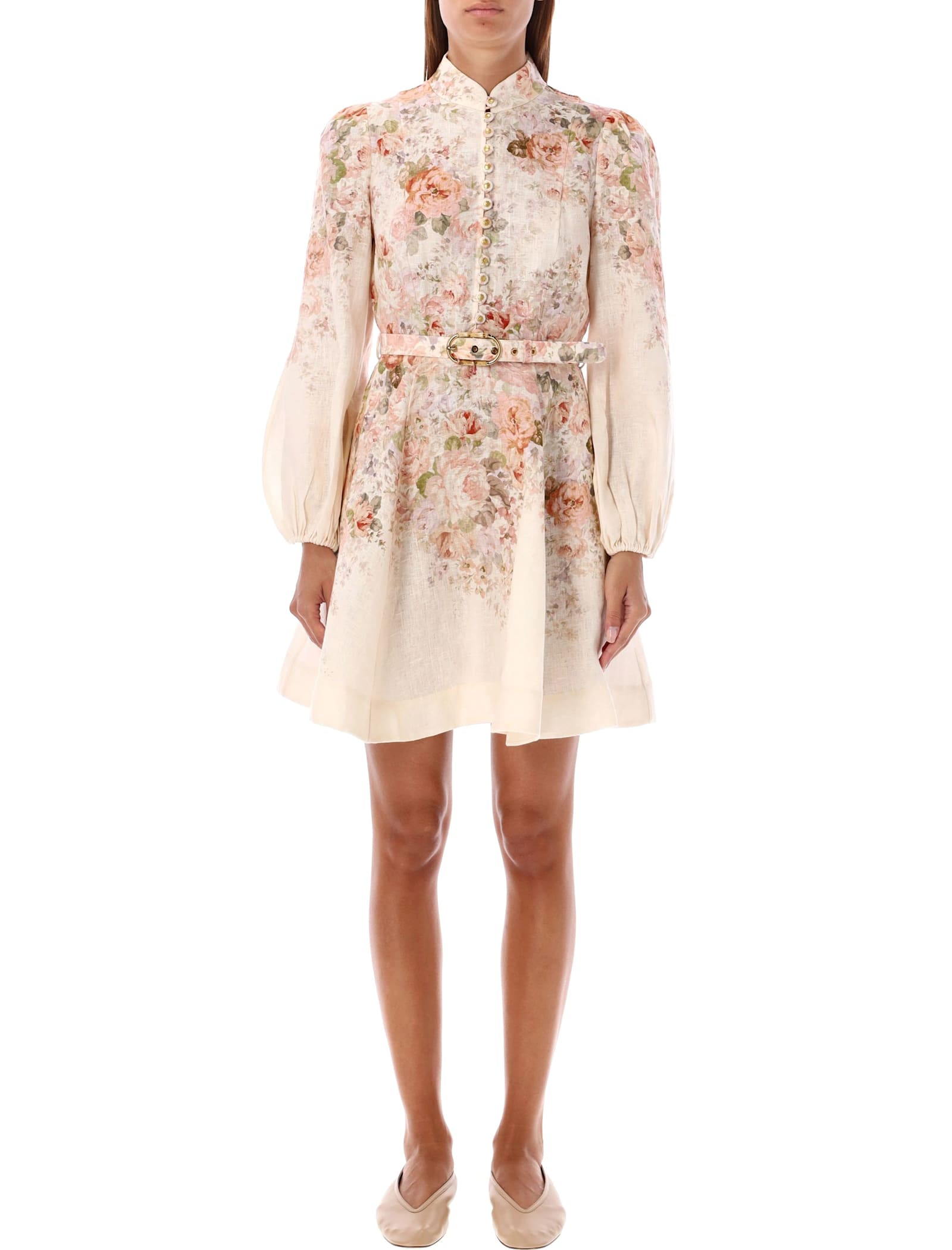 Shop Zimmermann Illustration Buttoned Mini Dress In Cream Rococo Floral