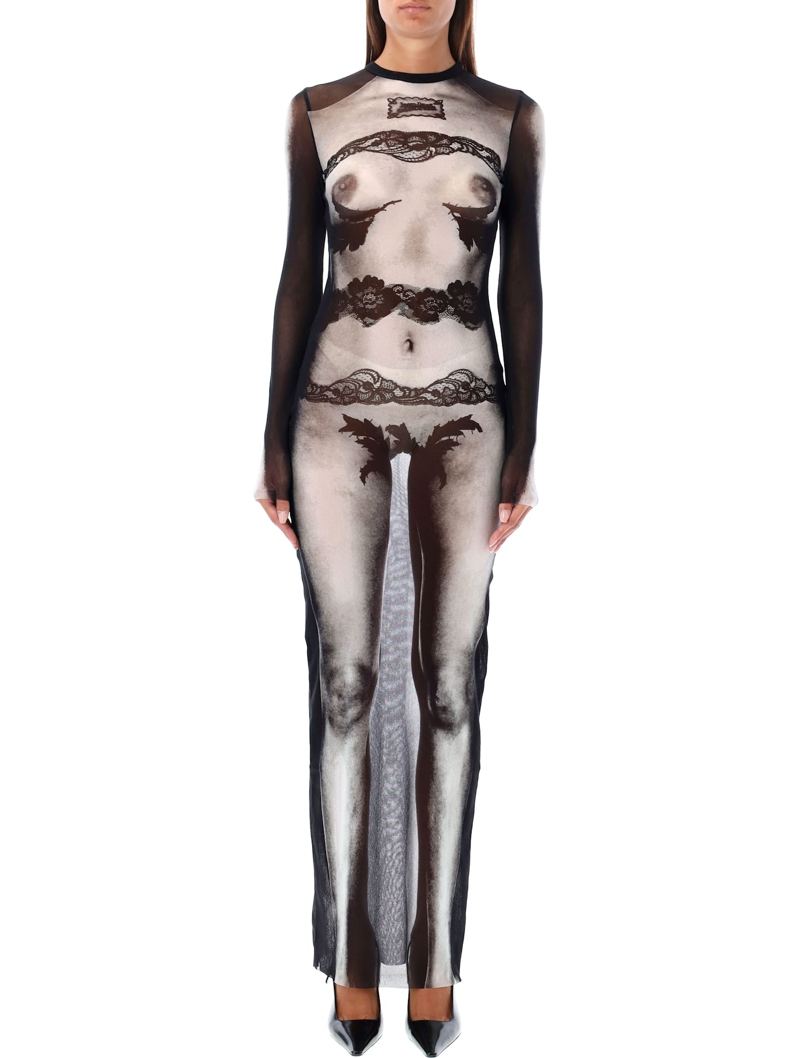 Shop Jean Paul Gaultier Mesh Long Dress Body Lace Print In Black Grey White