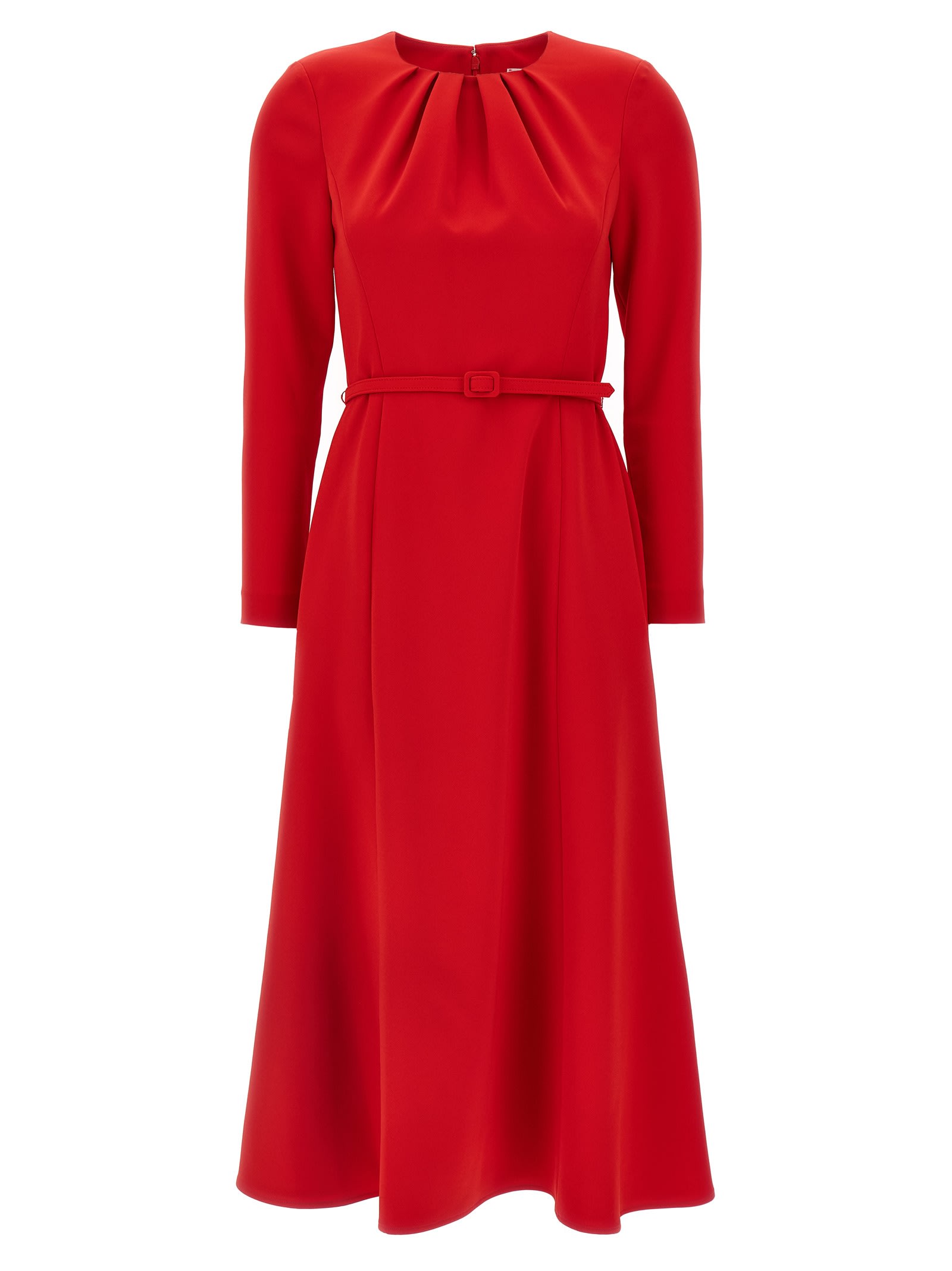 Carolina Herrera Gathered Neck Belted Long-sleeve Midi Dress In Red