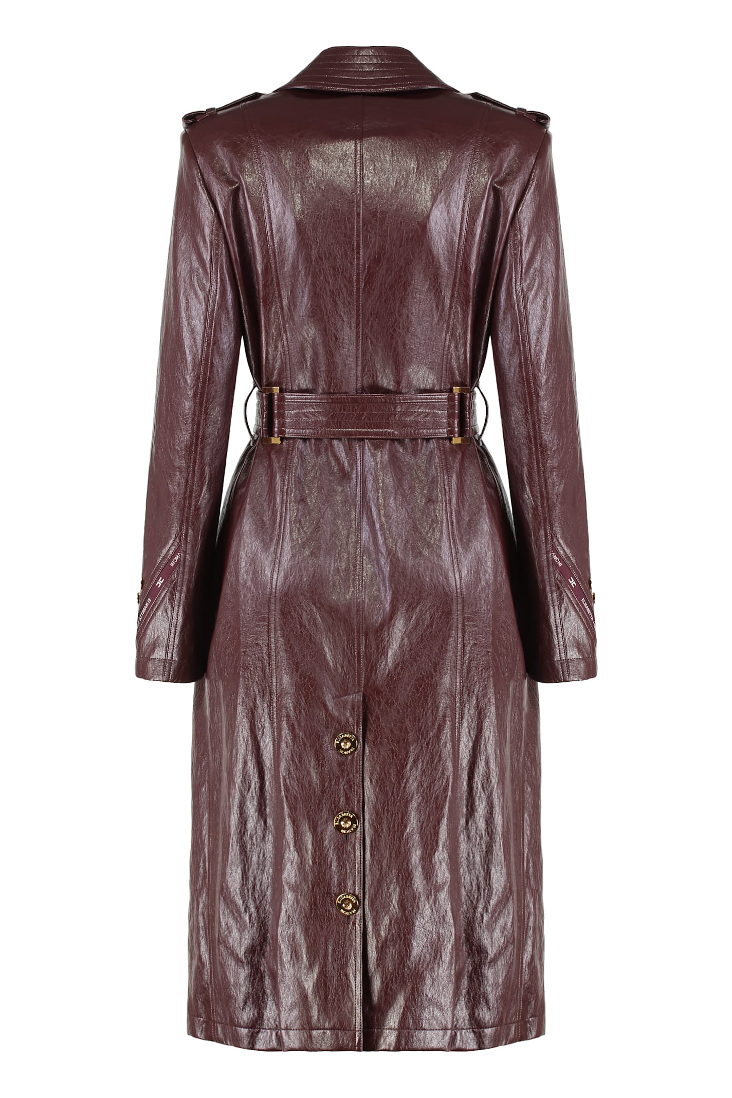 Elisabetta Franchi Bordeaux Double-breasted Trench Coat With Glossy Finish In Brown
