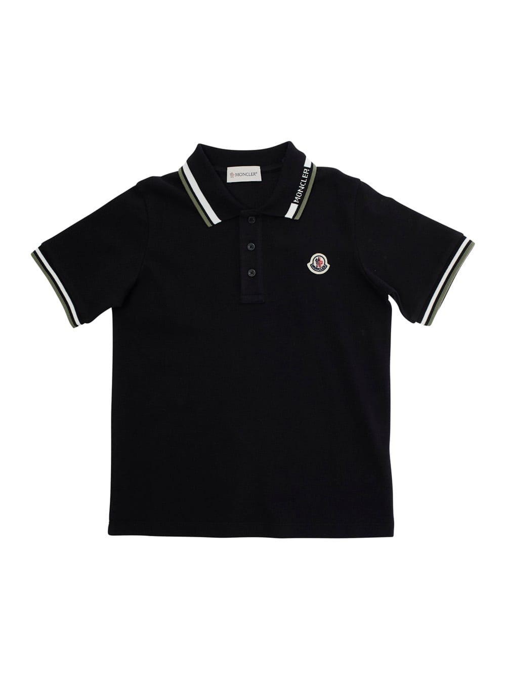 Moncler Black Polo Shirt With Bicolor Collar And Logo Patch On The Front In Cotton Boy In Black