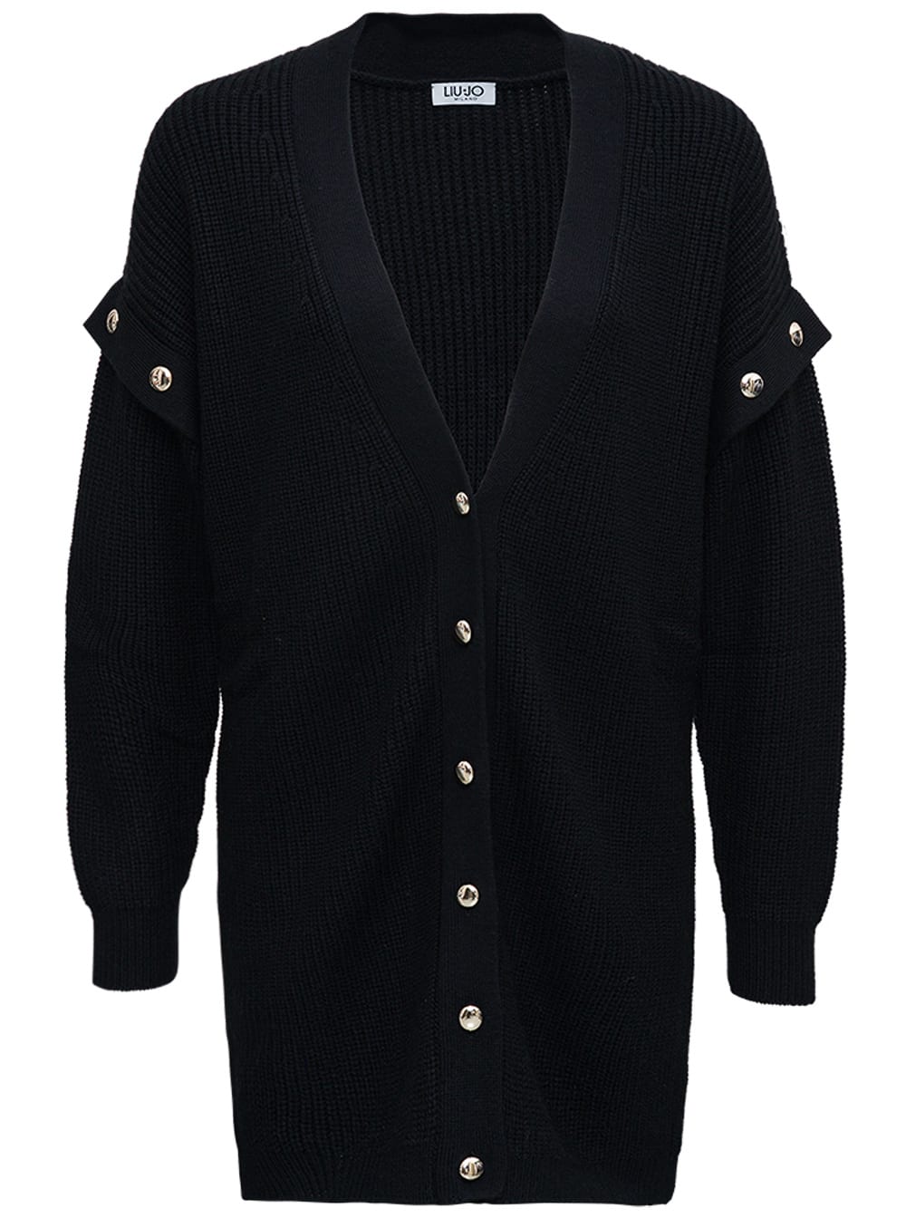 Liu-Jo Long Black Wool Blend Cardigan With Buttons