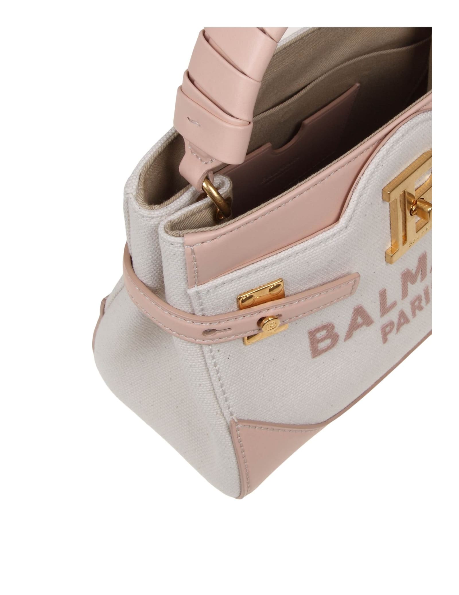Shop Balmain B-buzz 22 Bag In Canvas And Leather Nude Pink In Creme/nude