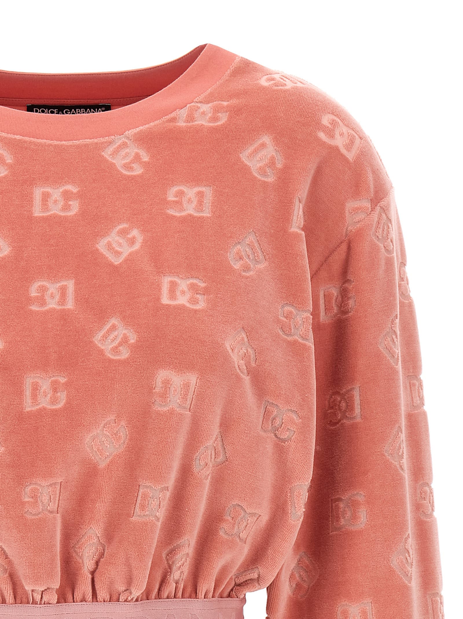 Dolce & Gabbana Short Chenille Jacquard Sweatshirt With Jacquard Dg Logo In Pink