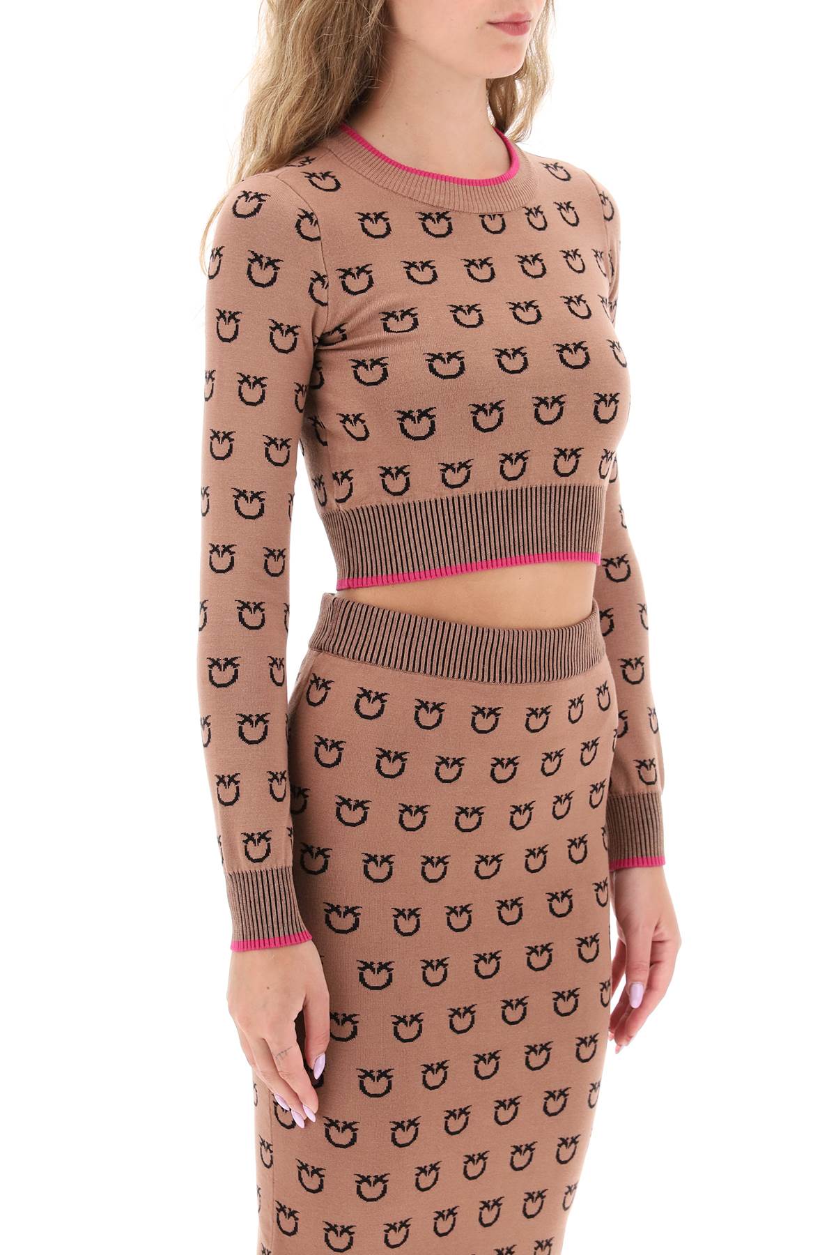 Shop Pinko Furetto All-over Logo Crop Top In Cammello Nero (beige)