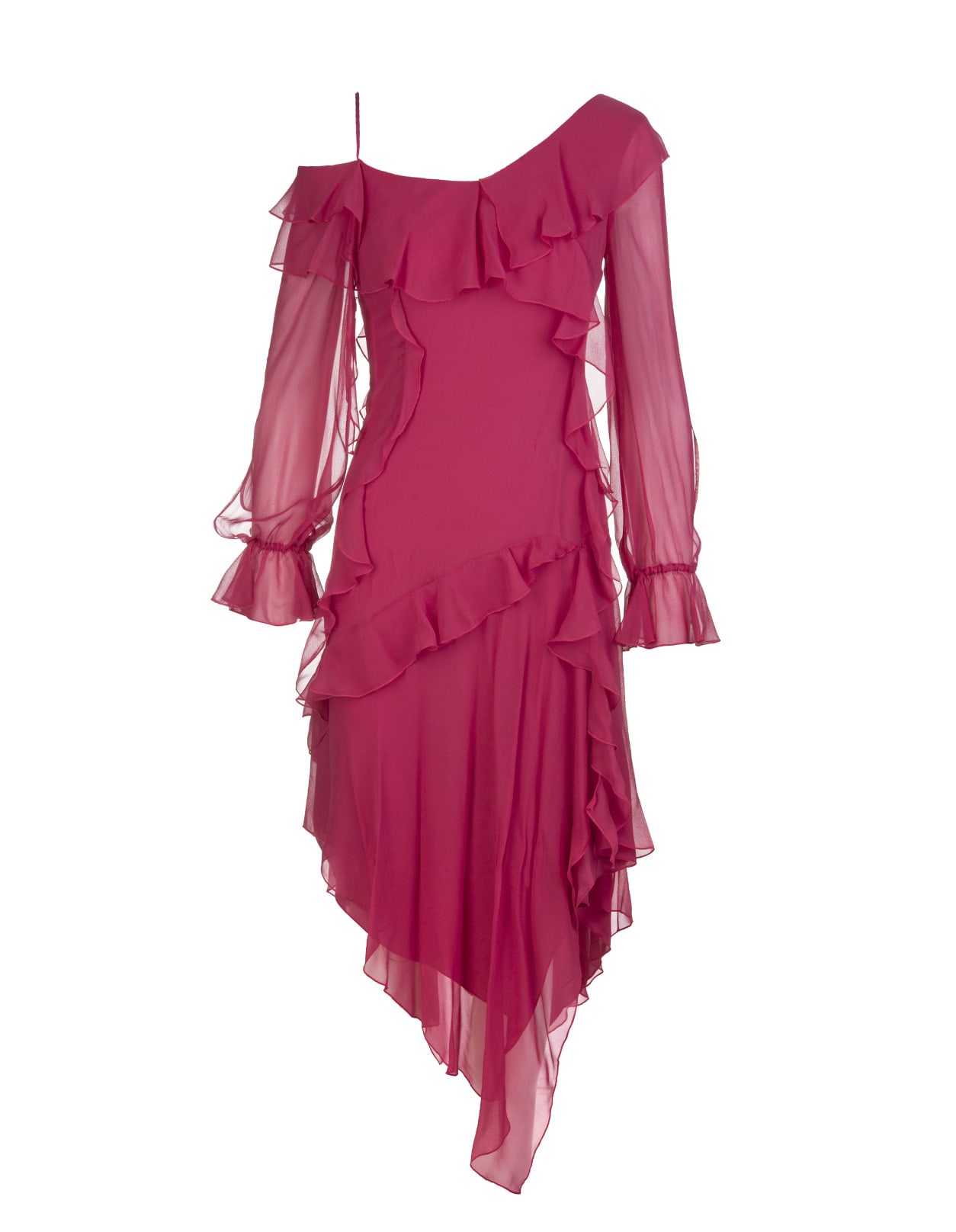 Blumarine Midi Asymmetrical Cherry Red Silk Dress With Ruffles